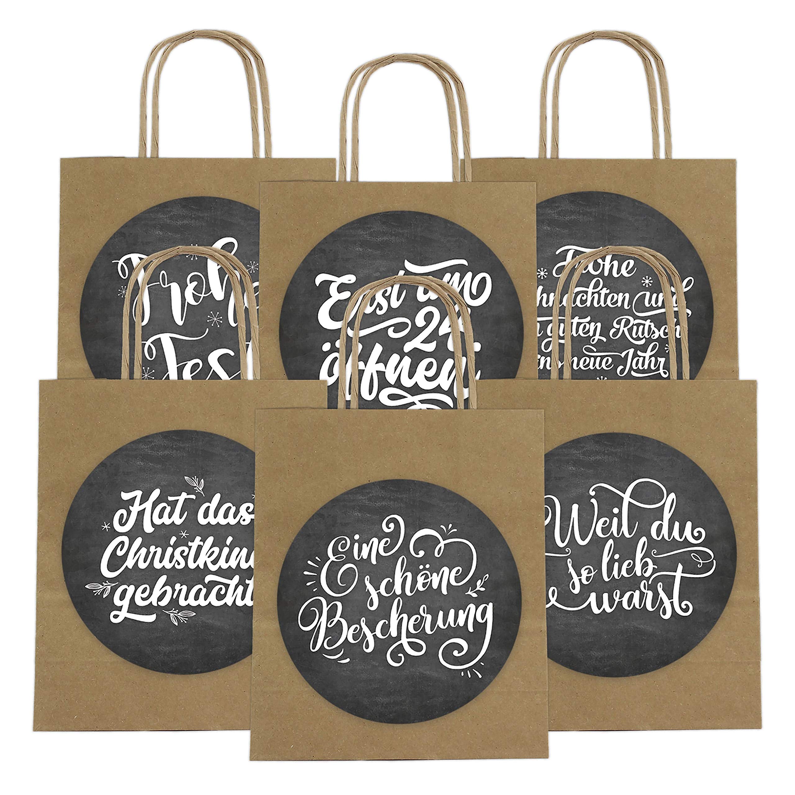 Papierdrachen 6 Christmas Gift Bags 18 cm x 22.5 cm x 8 cm with XXL Stickers – Practical Packaging Christmas Gifts – Ideal as a Gift – Handle Bag Motif Hand Lettering