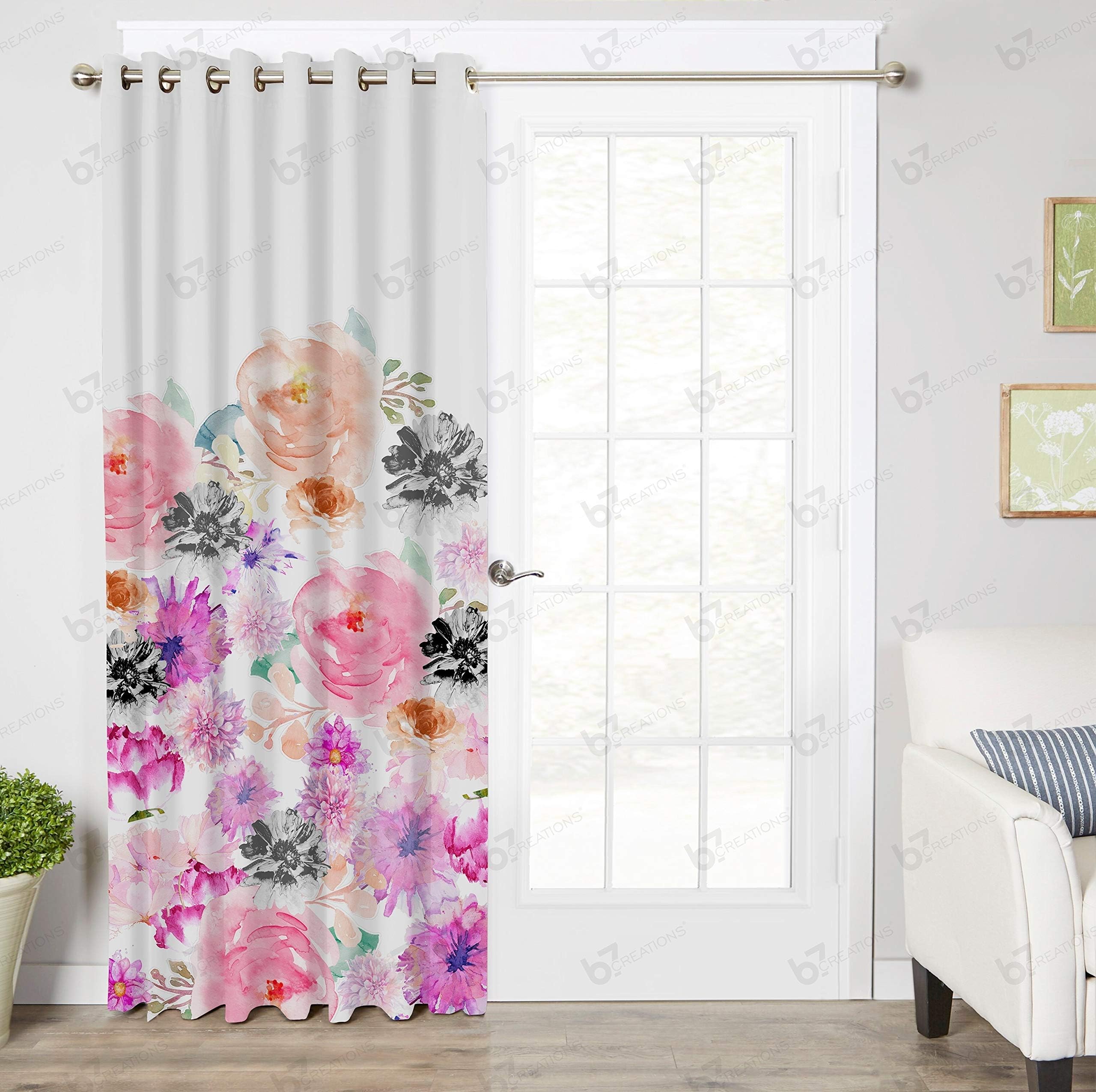b7 CREATIONS Polyester Digital Printed Floral Eyelet 1 Piece Curtain for Bedroom/Living Room/Home (White and Pink, Door 7 Feet)