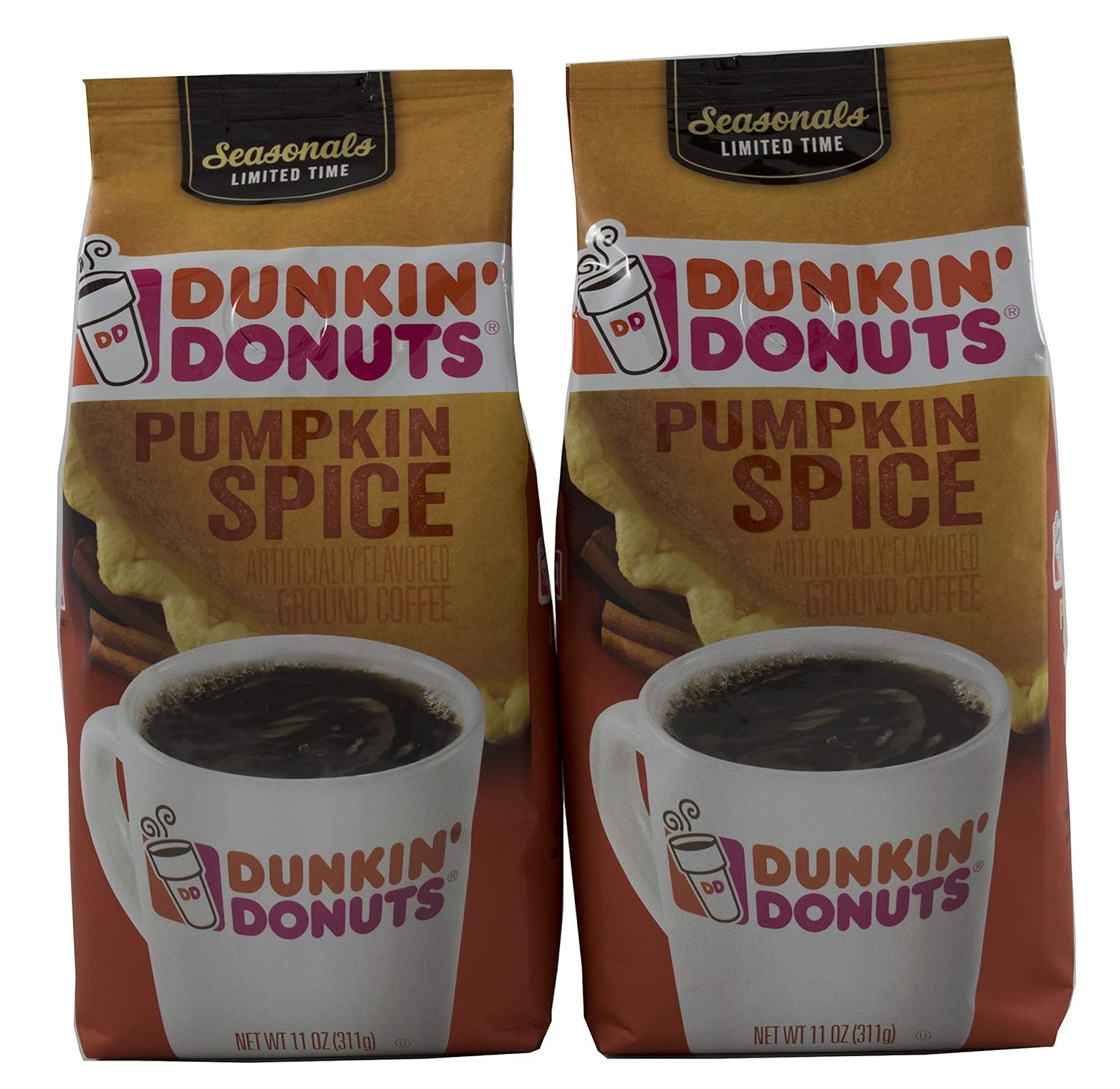 Amazon Com Dunkin Donuts Ground Coffee Pack Of 2 Pumpkin Spice 11 Oz 22 Oz Total Grocery Gourmet Food