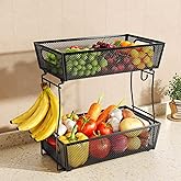 2 Tier Fruit Basket Bowl for Kitchen Counter with 2 Banana Hangers, Countertop Metal Mesh Basket Stand Fruit Holder for Veggies Onion Potato Bread Snack, Black