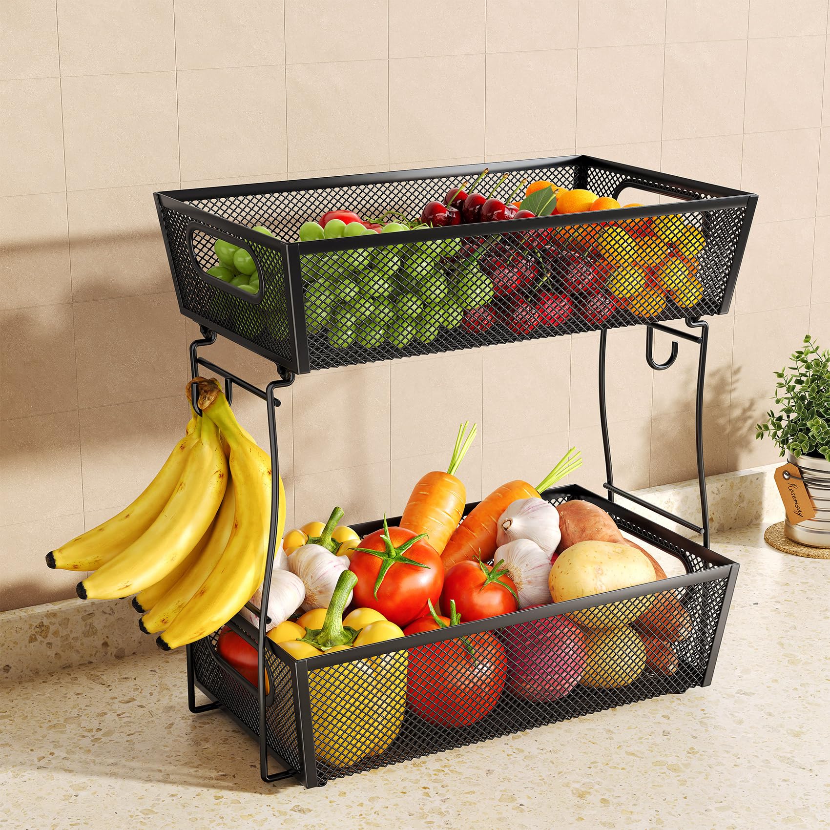 Photo 1 of 2 Tier Fruit Basket Bowl for Kitchen Counter with 2 Banana Hangers, Countertop Metal Mesh Basket Stand Fruit Holder for Veggies Onion Potato Bread Snack, Black