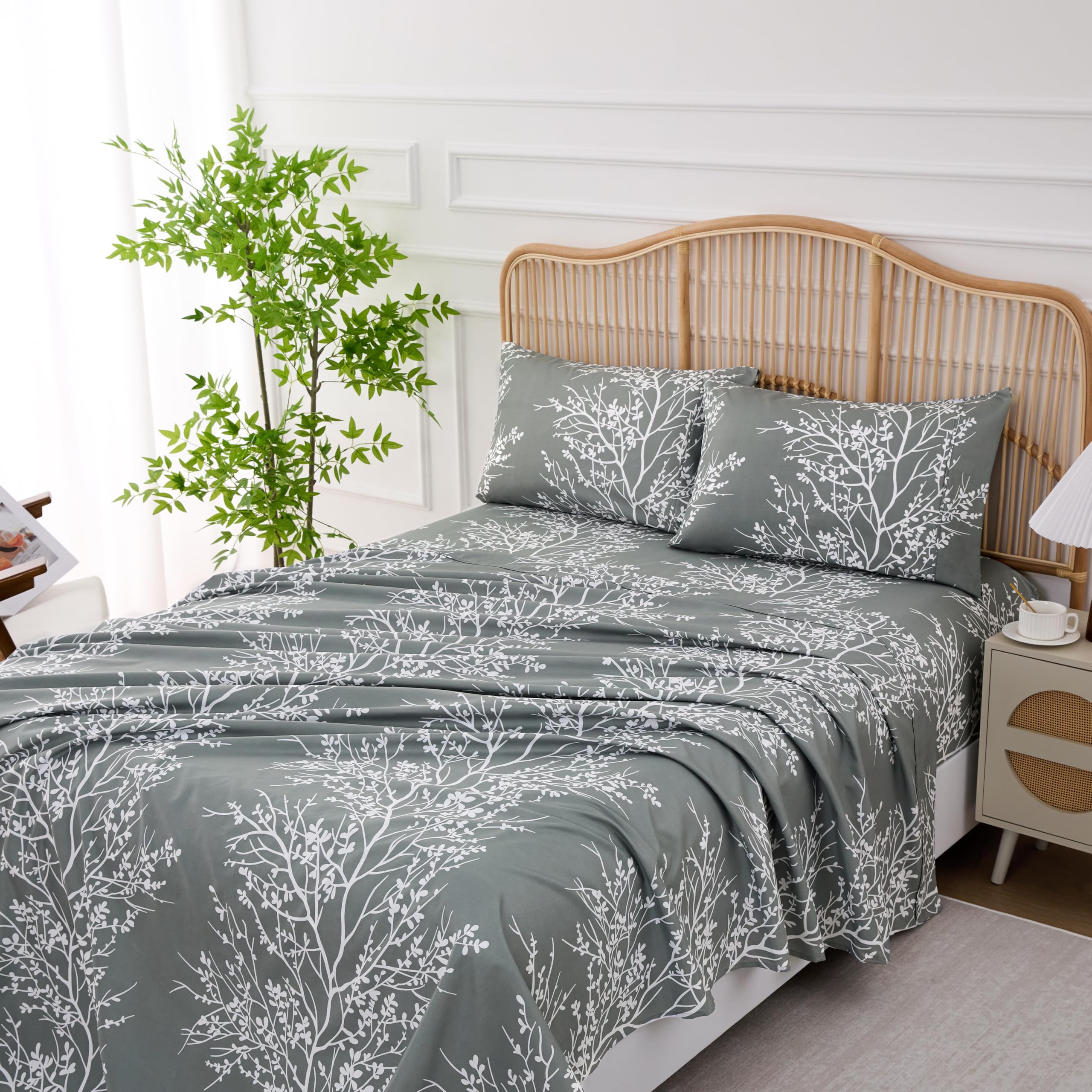 SL SPIRIT LINEN HOME EST. 1988 Super Soft Microfiber Bedding, Elegant Foliage Design & Ideal for All Seasons, Grey/White, Full