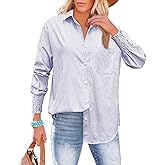 OMSJ Women’s Striped Button Down Shirts Smocked Cuffed Sleeve Stylish Collared Office Work Blouses with Pocket
