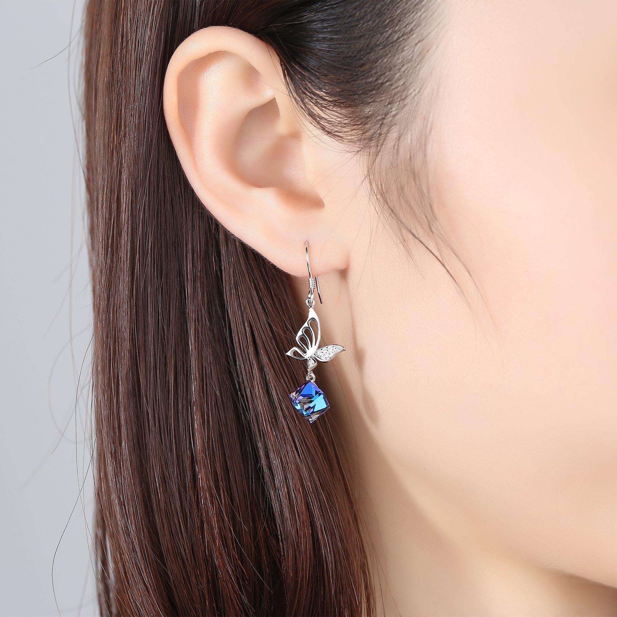 925 Sterling Silber lange Schmetterlings-Ohrringe Blau Kristall Tropfen Baumeln Ohrringe für Damen Schmuck Geschenk
