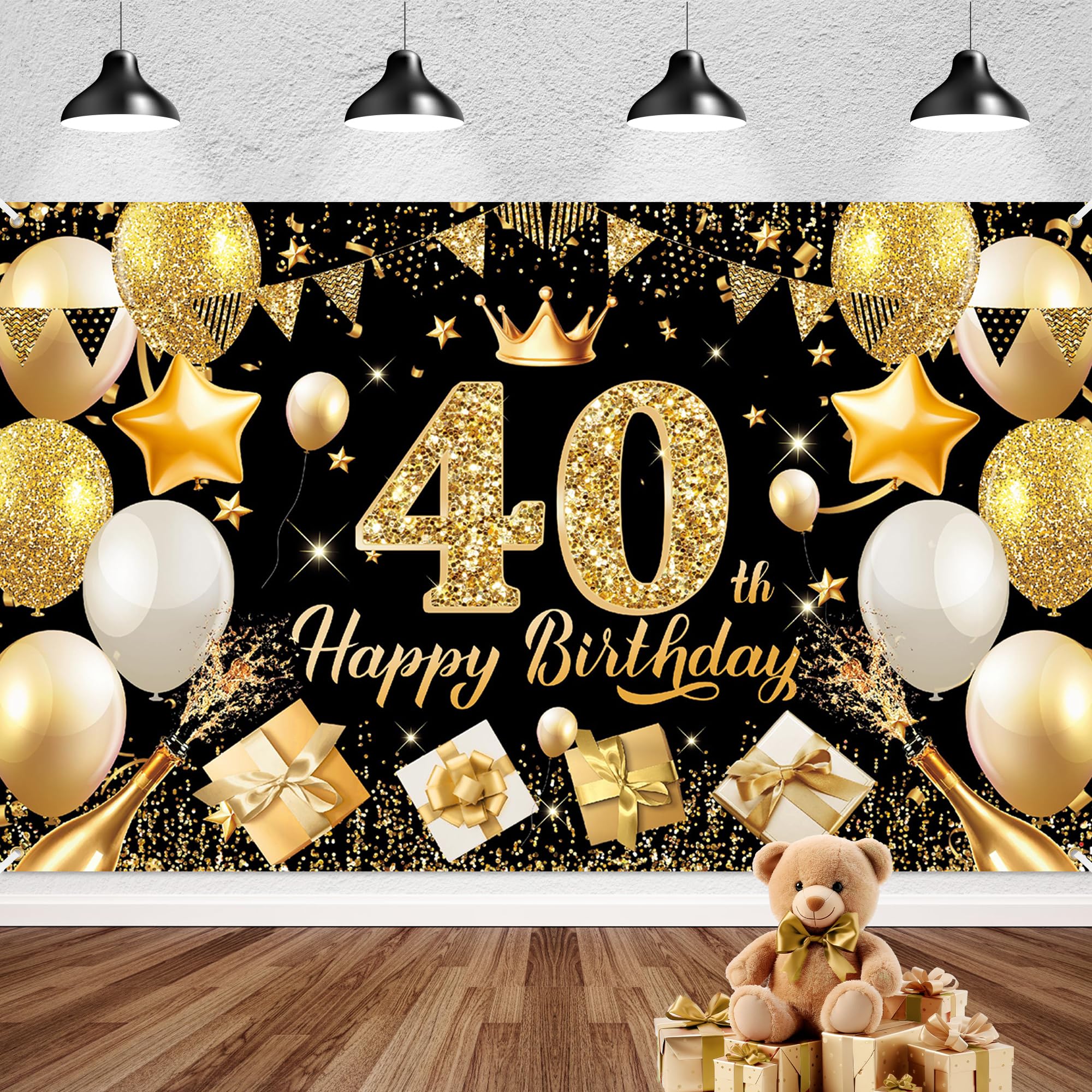 Photo 1 of PatiCool Happy 40th Birthday Banner Backdrop Black and Gold - 71x43 Fabric - Large Happy Birthday Sign for Backdrop, Birthday Party Photo Background Decorations for Men Women