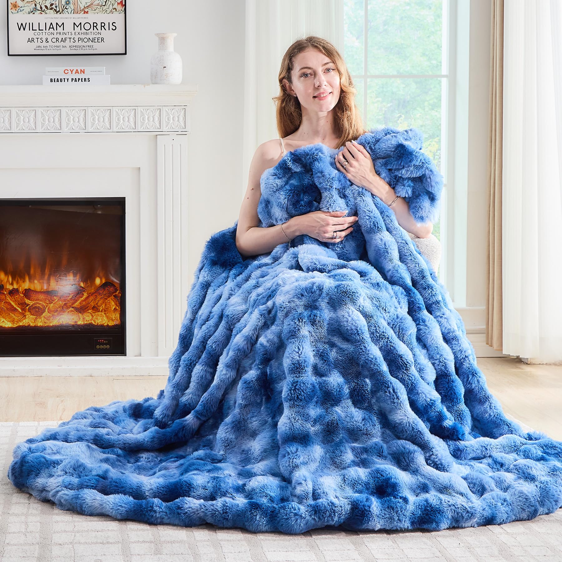 Lotus Karen Faux Fur Throw Blanket Tie-Dye Blue - Big Bubble Rabbit Fluff Blanket for Couch,Small Fluffy Fuzzy Cozy Blanket,Thick Furry Plush Shaggy Blankets,60x80 Inches Image