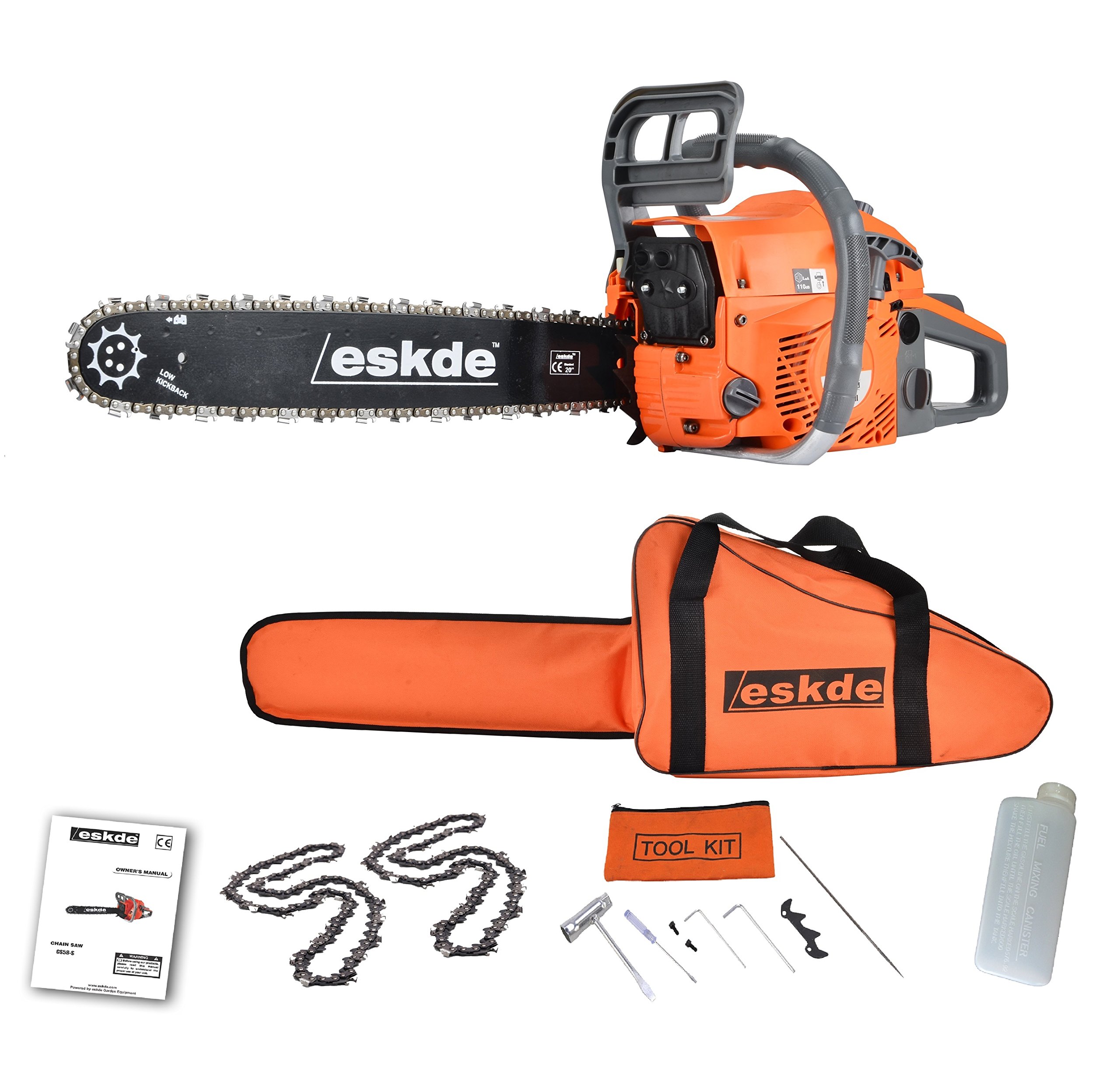 Petrol Chainsaw 20 Inch - 62cc Petrol Chain Saw with Powerful 3.4HP 2-Stroke Engine for Chopping Logs, Trees | Top Handle Chainsaw with Storage Bag, Tool Kit, Fuel Mixing Bottle and Bar Cover | eSkde