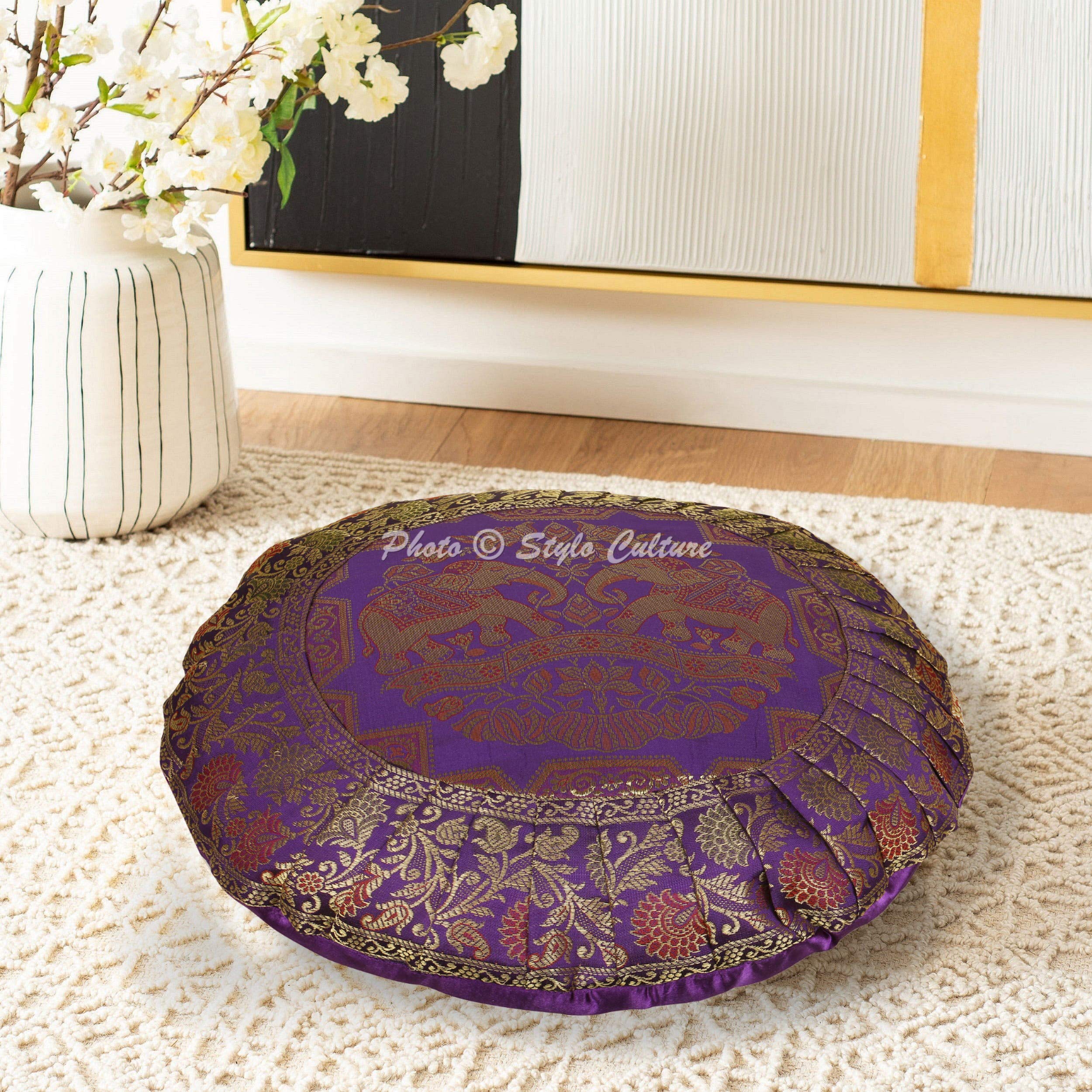 Stylo Culture Indian Bohemian Floor Cushion Bean Bag Throw Pillow Cover Purple 43x43 cm Jacquard Weave Pleated Round Small 17 Inch Decorative Brocade Elephant Chair Seating Cover