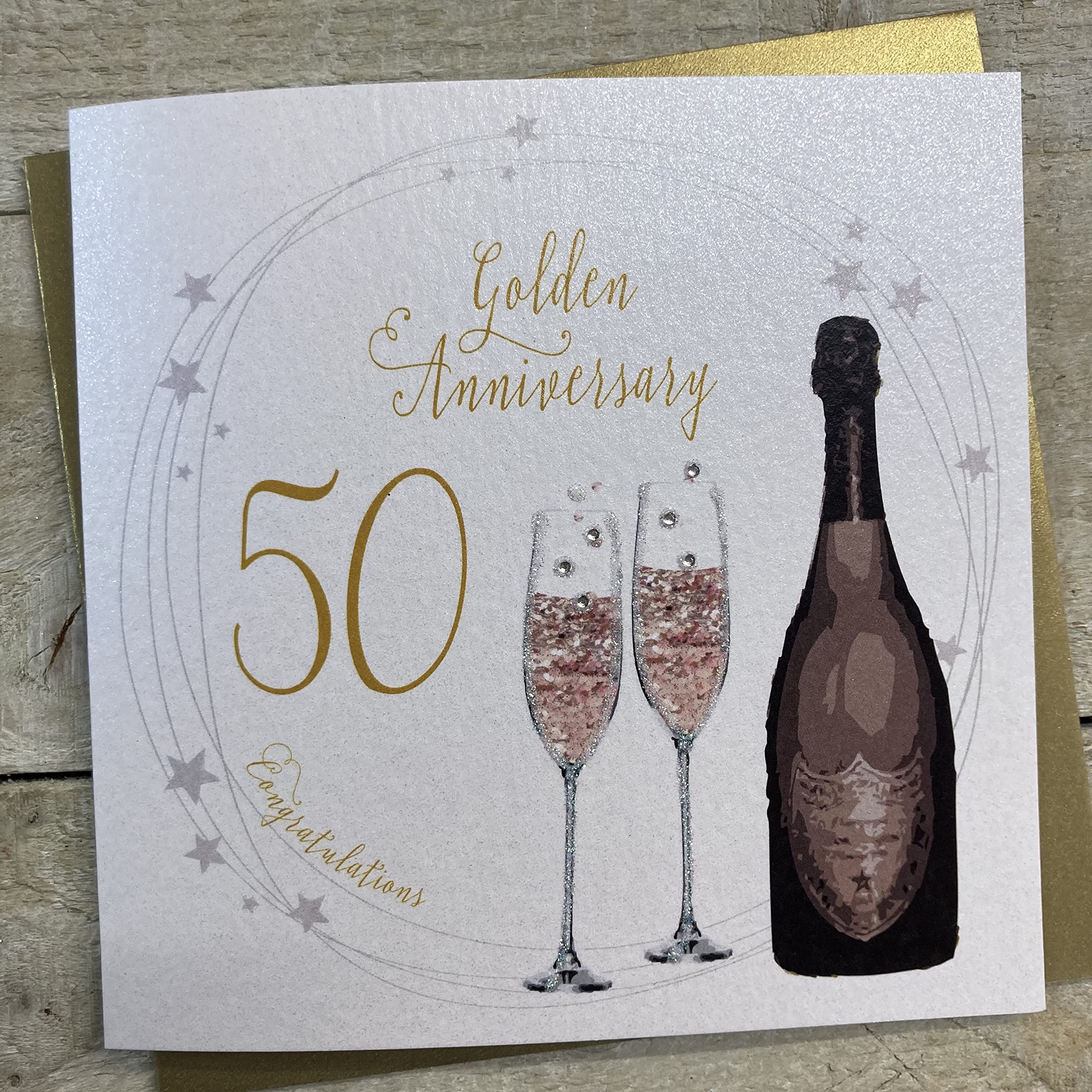 white cotton cards Golden, Handmade 50th Wedding Anniversary Card (Green Bottle, Code A50)