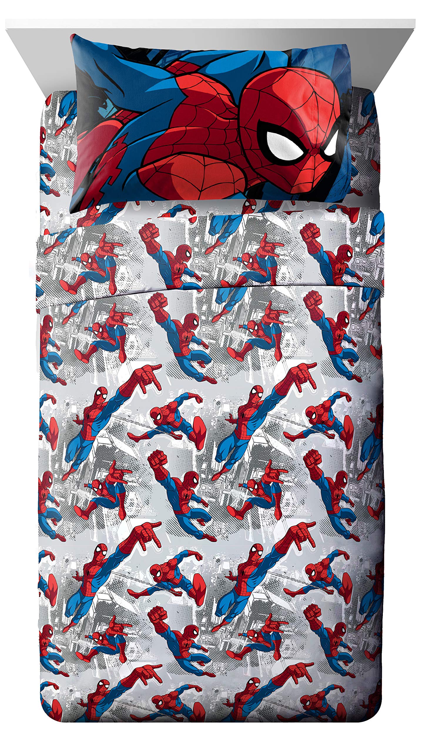 Jay Franco Kids Sheet Set with Fitted, Flat Sheets & Pillow Cover - Ultra-Soft Bedding with Pillowcase for Room Decor, White - Spiderman, 4 Piece Full