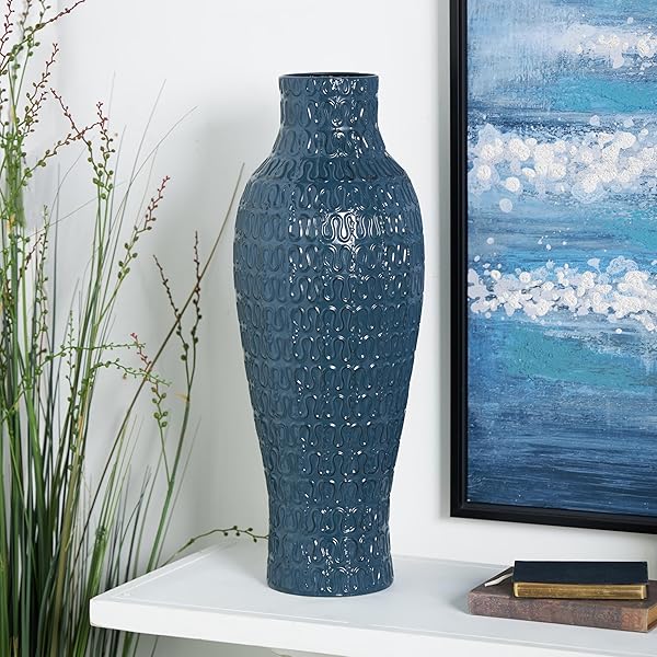 DECO 79 METAL DECORATIVE VASE DIMENSIONAL TEXTURED CENTERPIECE VASE WITH WAVY PATTERN, FLOWER VASE FOR HOME DECORATION 9″ X 9″ X 24″, DARK BLUE