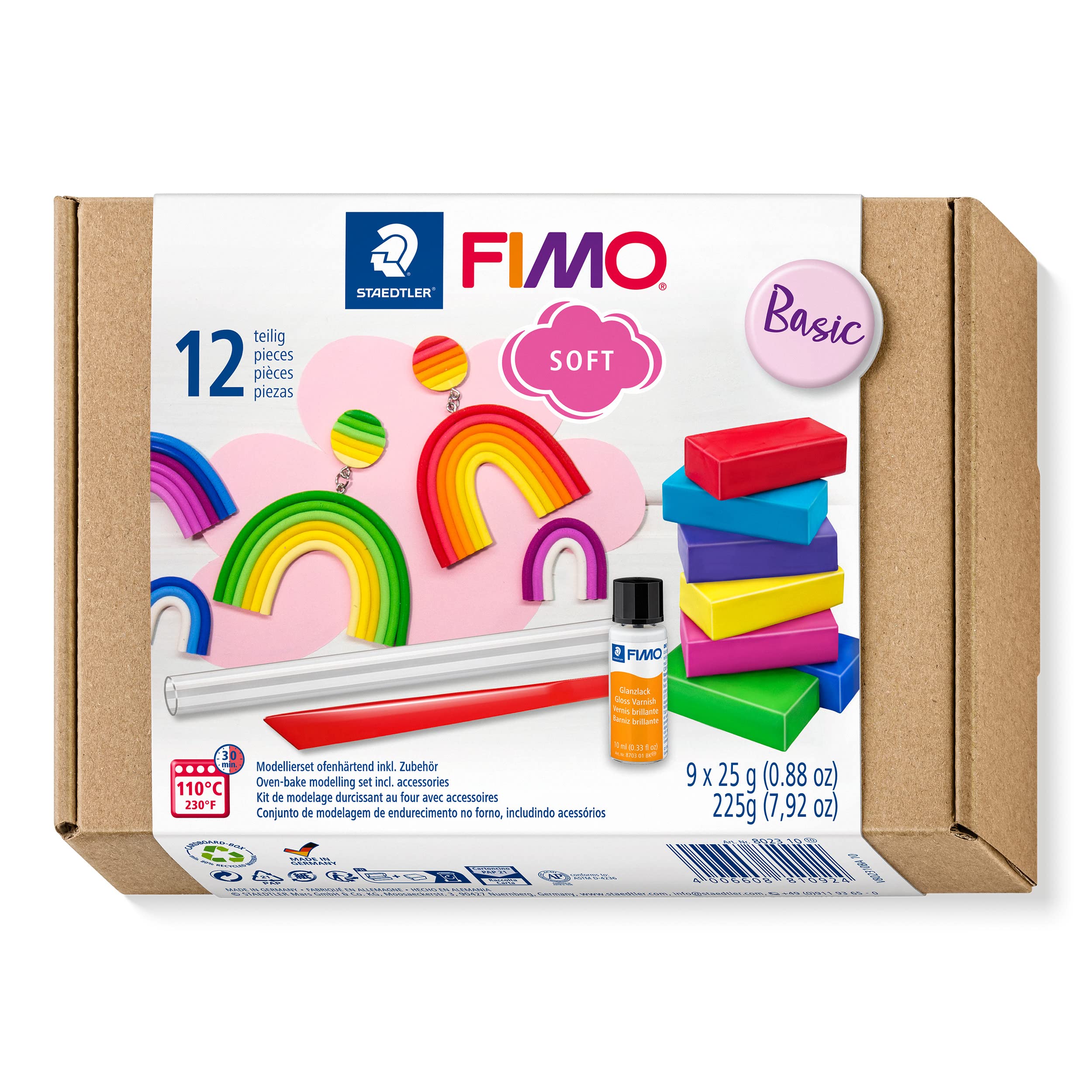 STAEDTLER 8023 10 FIMO Soft Oven-Hardening Polymer Modelling Clay - Starter Kit, Assorted Colours (Pack of 9 x 25g Half Blocks & Accessories)