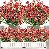 NOV FIRE 8 Bundles Fake Flowers Outdoor,Artificial Outdoor Flowers Faux Plastic Plants UV Resistant Flower for Outside Indoor Decorations(Red)