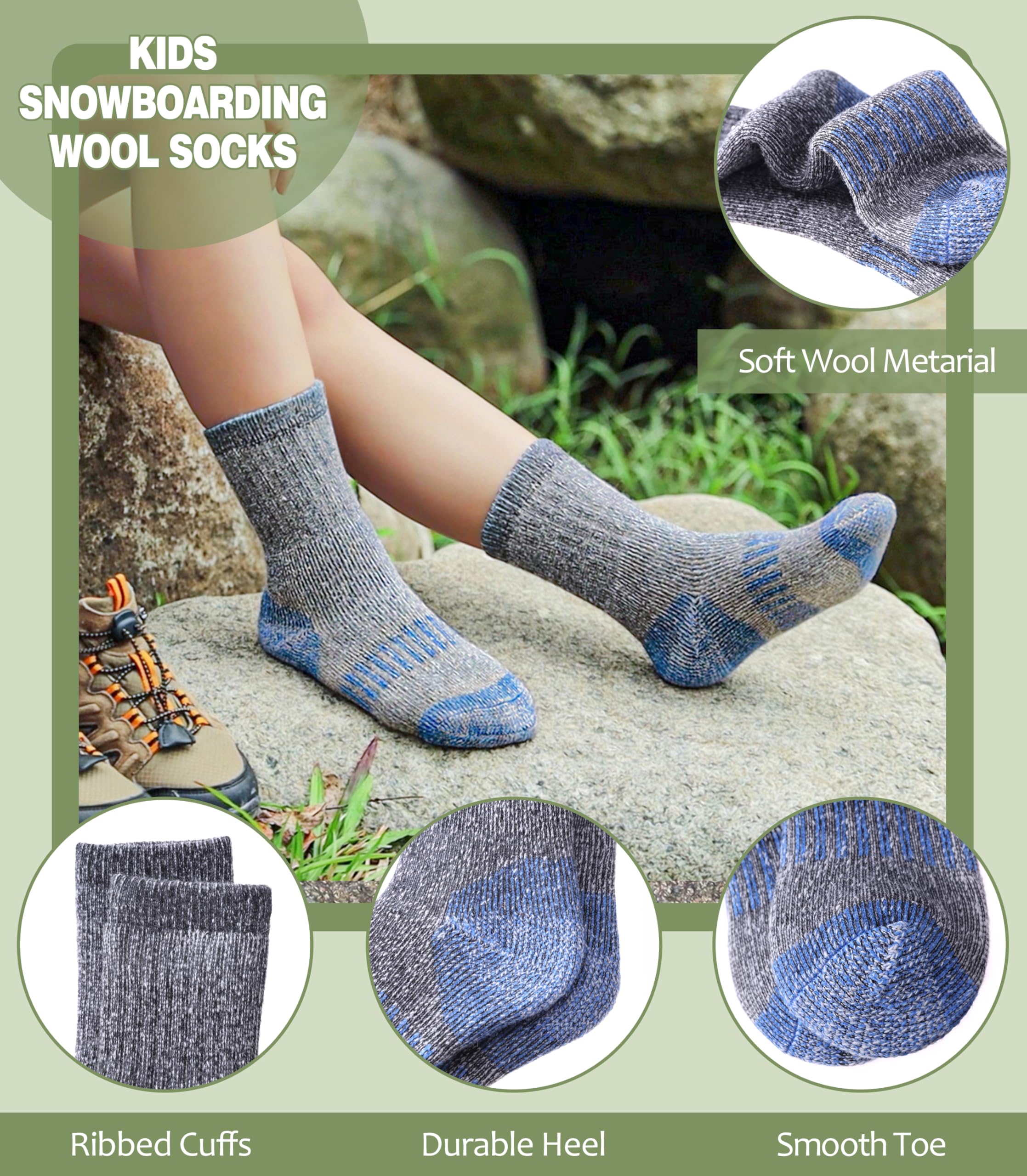 LANLEO Kids Merino Wool Hiking Socks Boys Girls Winter Thermal Warm Thick Cozy Cushion Boot Crew Socks