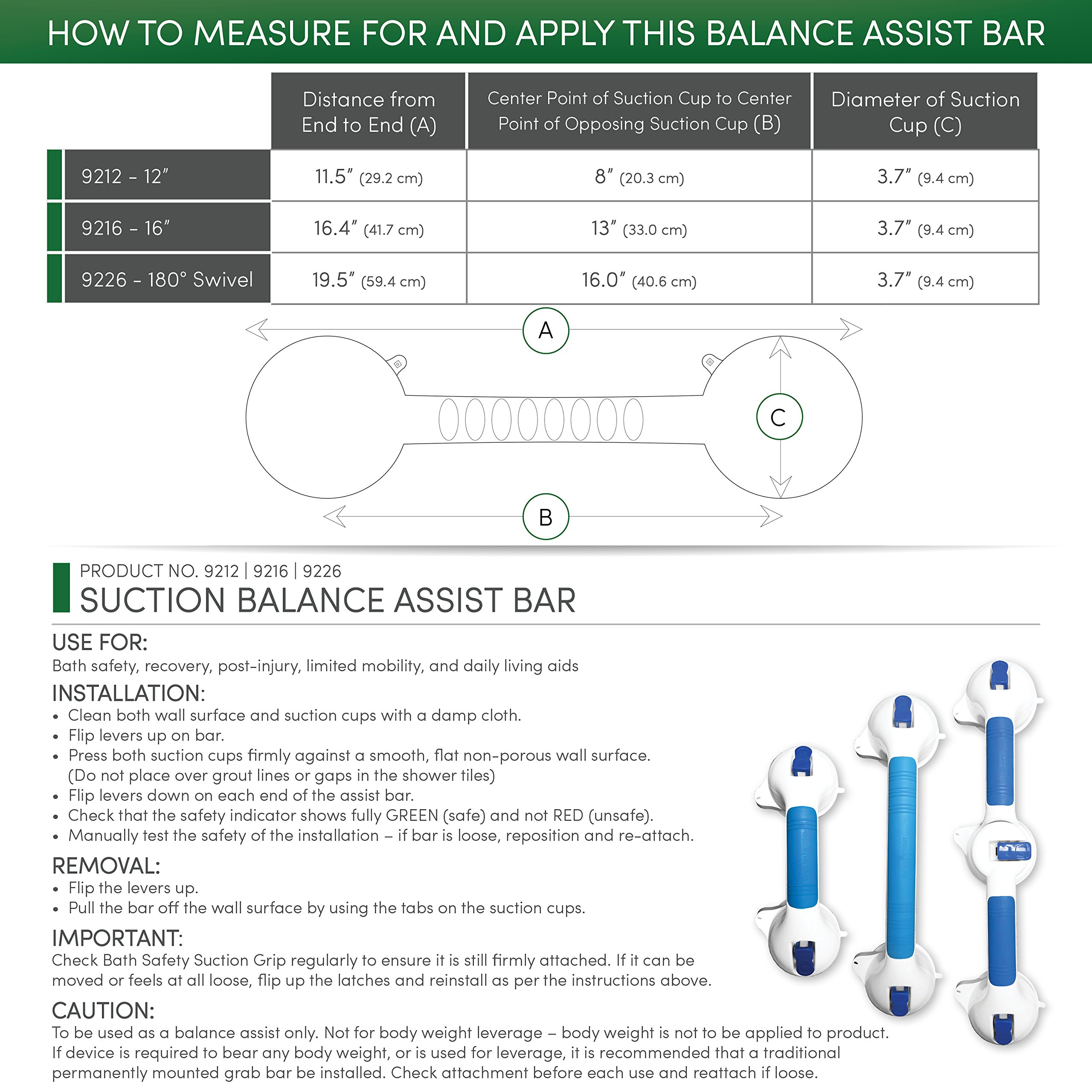 PCP Suction Grip Bathtub and Shower Handle with Color Lock Indicators, White, 12 Inch