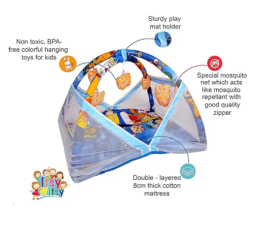 Itsy WItsy Baby Bedding Set with Mosquito net (Thick) and Double Layered Mattress-Doraemon)