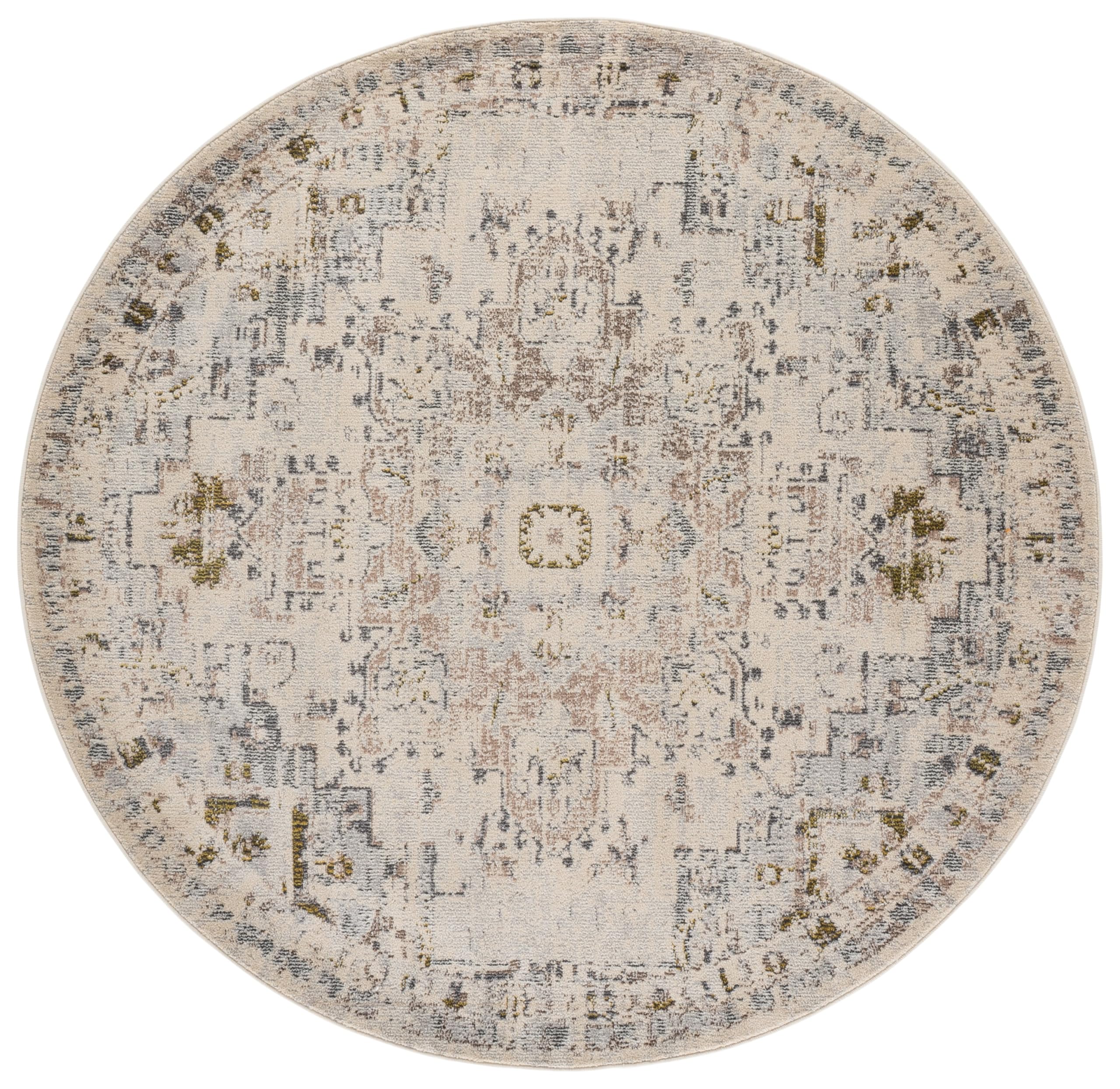 SAFAVIEH Madison Collection Area Rug - 6'7" Round, Ivory & Grey Gold, Boho Chic Distressed Medallion Design, Non-Shedding & Easy to Clean, Ideal for Living Room, Bedroom, Dining Space (MAD473H) Image