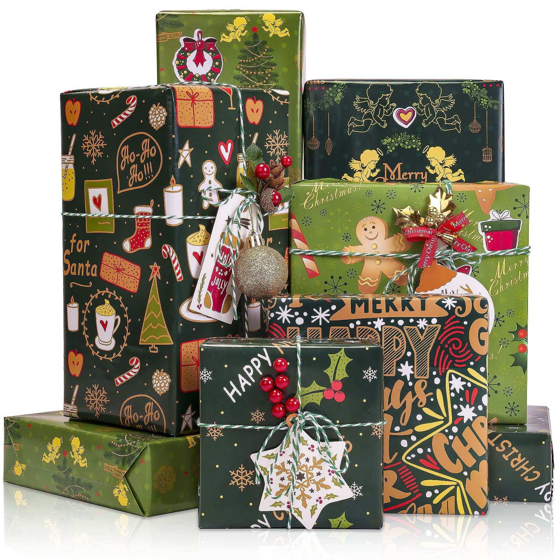 TOPTIME Christmas Wrapping Paper, 6 Sheets Assorted Green Gift Wrapping Paper Set w/Christmas Tags, Gift Ribbon and Stickers, Green Wrapping Paper w/Cute Dessert, Guardian Angel, Xmas Tree, 70x50cm