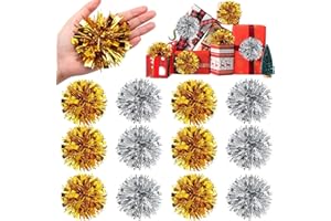AUGSUN 12 Pcs Christmas Tinsel Bows, Gift Wrapping Self Adhesive Bows Glitter Tinsel Pom Poms for Xmas Holiday Birthday Prese