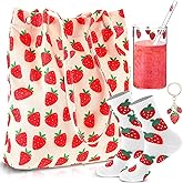 4 Pcs Valentine Strawberry Gift Set: Corduroy Tote Bag with Inner Pocket, 300ml Cute Strawberry Glass Cups with Straw, Strawberries Crew Socks and Strawberries Keychain, Women Wife Sister Mom Gifts