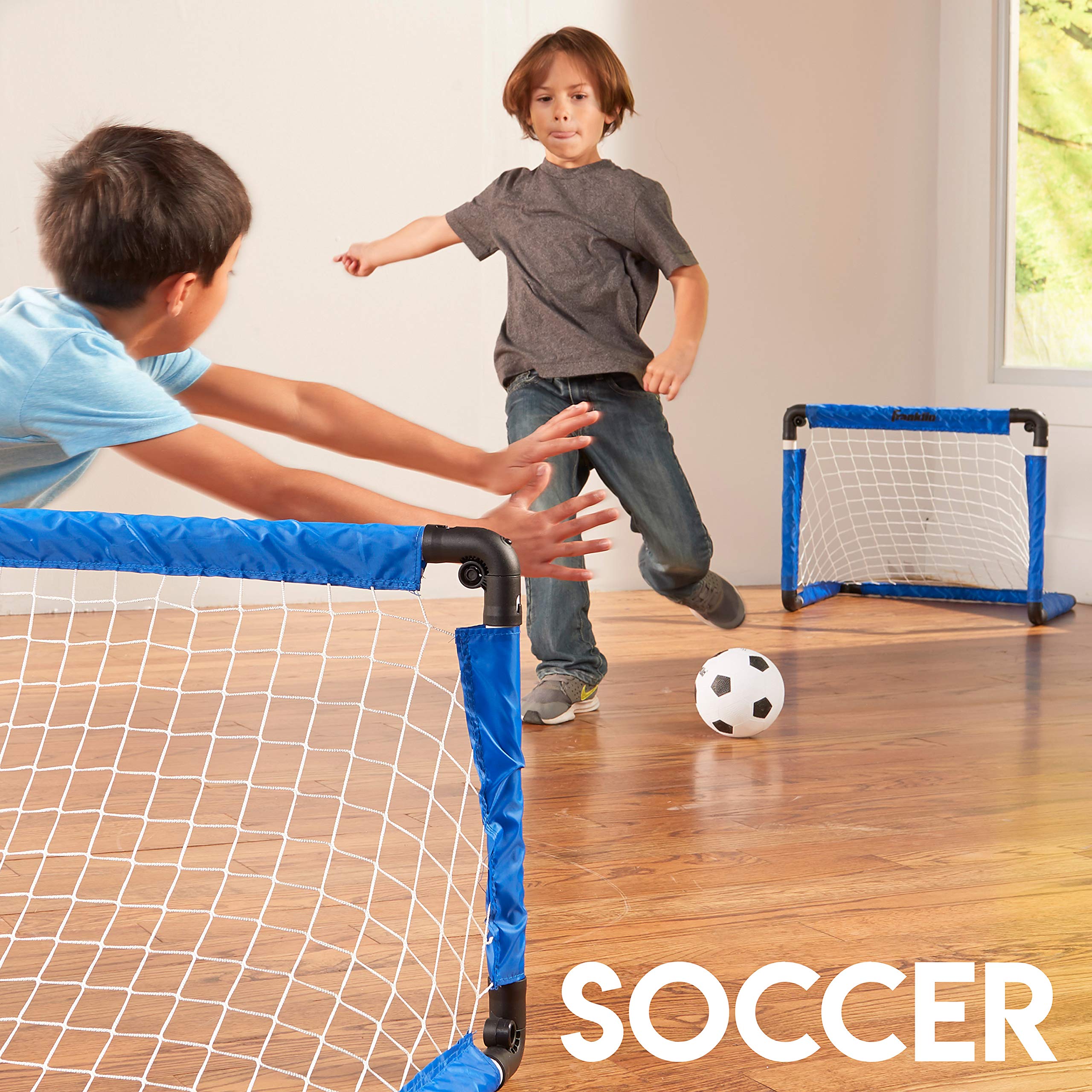 Franklin Sports Indoor Mini Goal Sports Set - 3 in 1 Kids Indoor Goal Set - Indoor Mini Floor Hockey, Knee Hockey, and Mini Soccer Set for Kids, Blue, 22 x 17.5-Inch