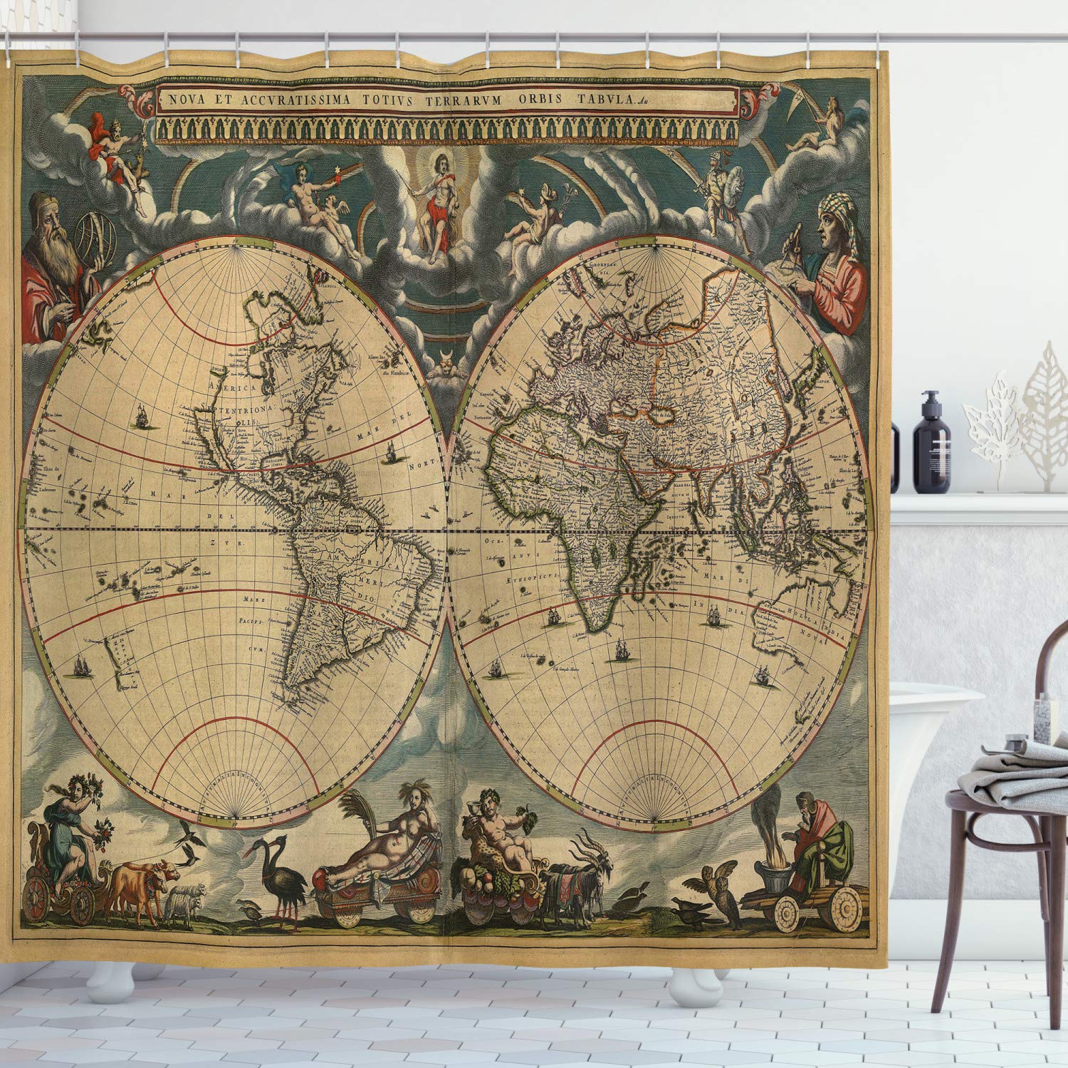 ABAKUHAUS Vintage Shower Curtain, Dated Old Map of World Historic Geography Theme Antique Grungy Design Print, Cloth Fabric Bathroom Decor Set with Hooks, 94 Inches, Multicolor