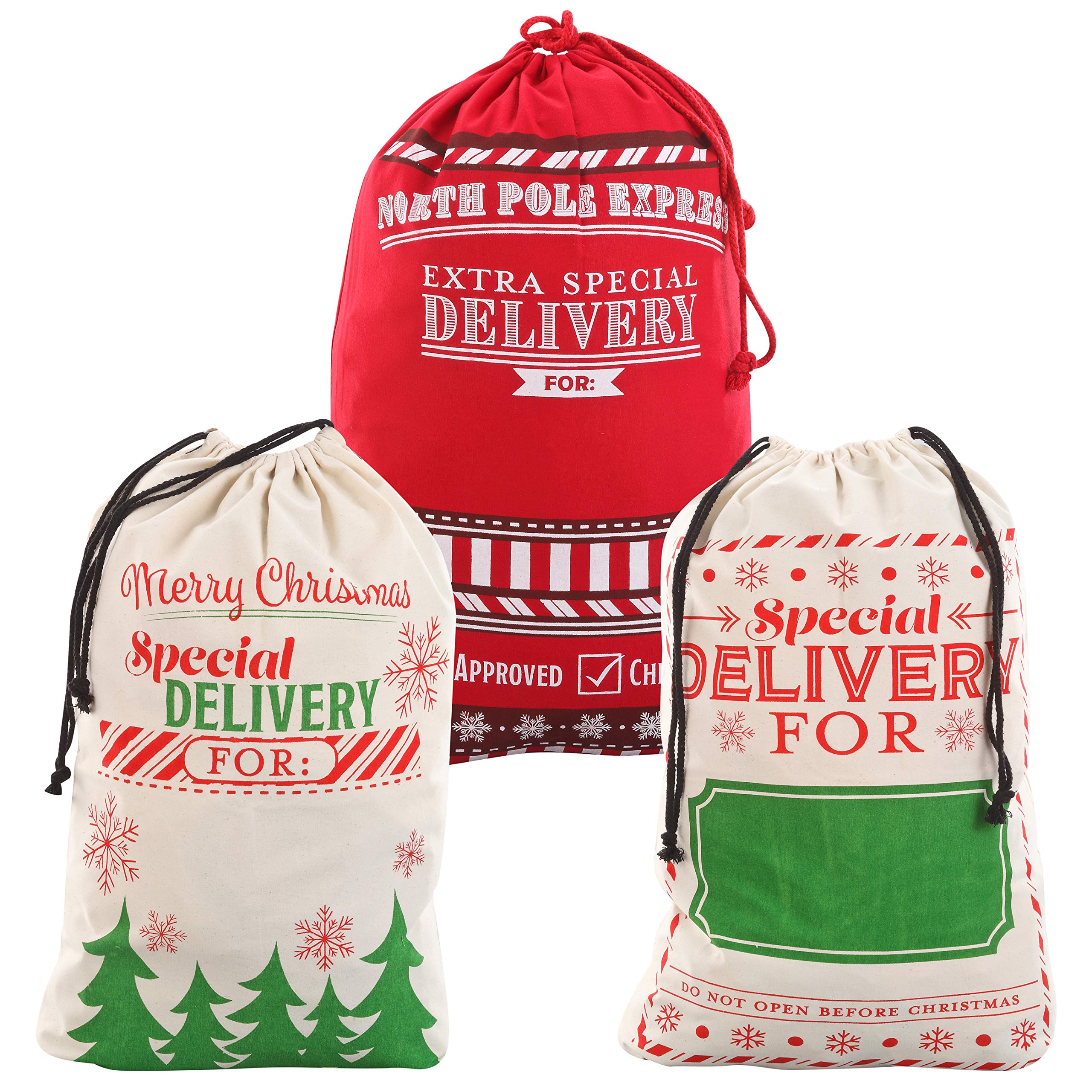 JOYIN 3 Packs Gift Bags, Santa Burlap Sack with Drawstring 26" x 19" for Large Xmas Package Storage,Christmas Large Gift Bags