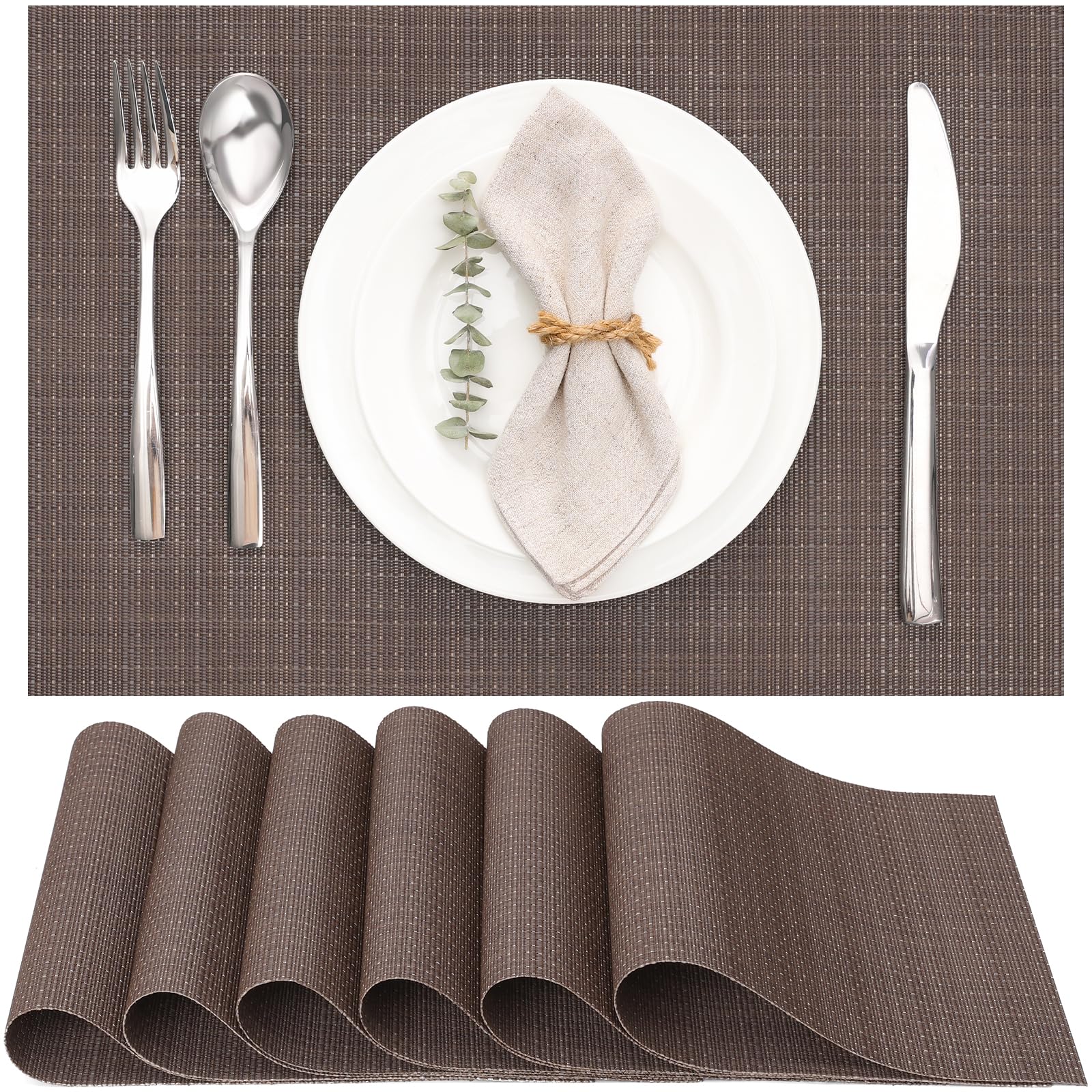 Myir JUN Table Mats Set of 6, Place Mats Table Placemats Washable Non-slip Heat Insulation Woven Vinyl for Kitchen Dinning Restaurant 17"X12" (Coffee)