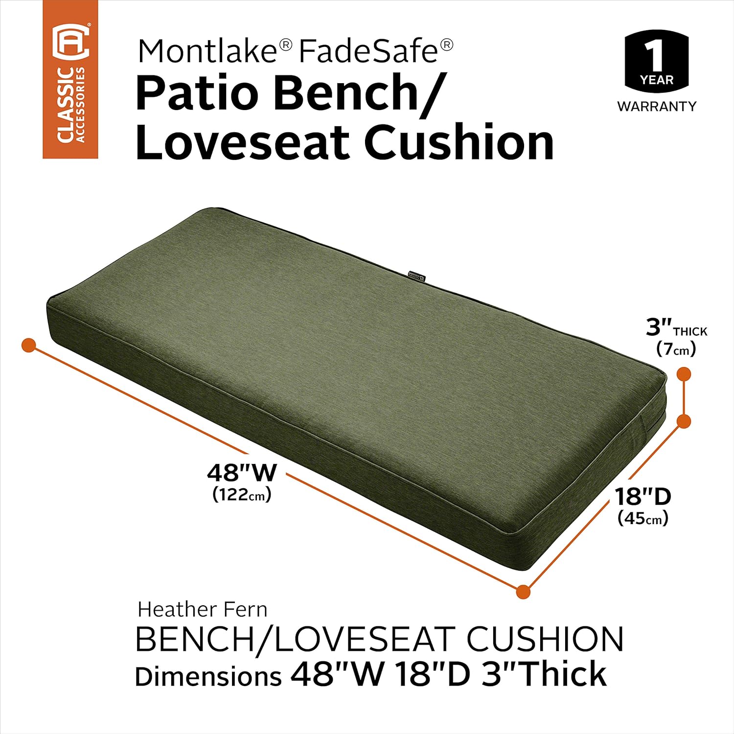Classic Accessories Montlake Water-Resistant 48 x 18 x 3 Inch Patio Bench/Settee Cushion, Heather Fern Green : Garden & Outdoor
