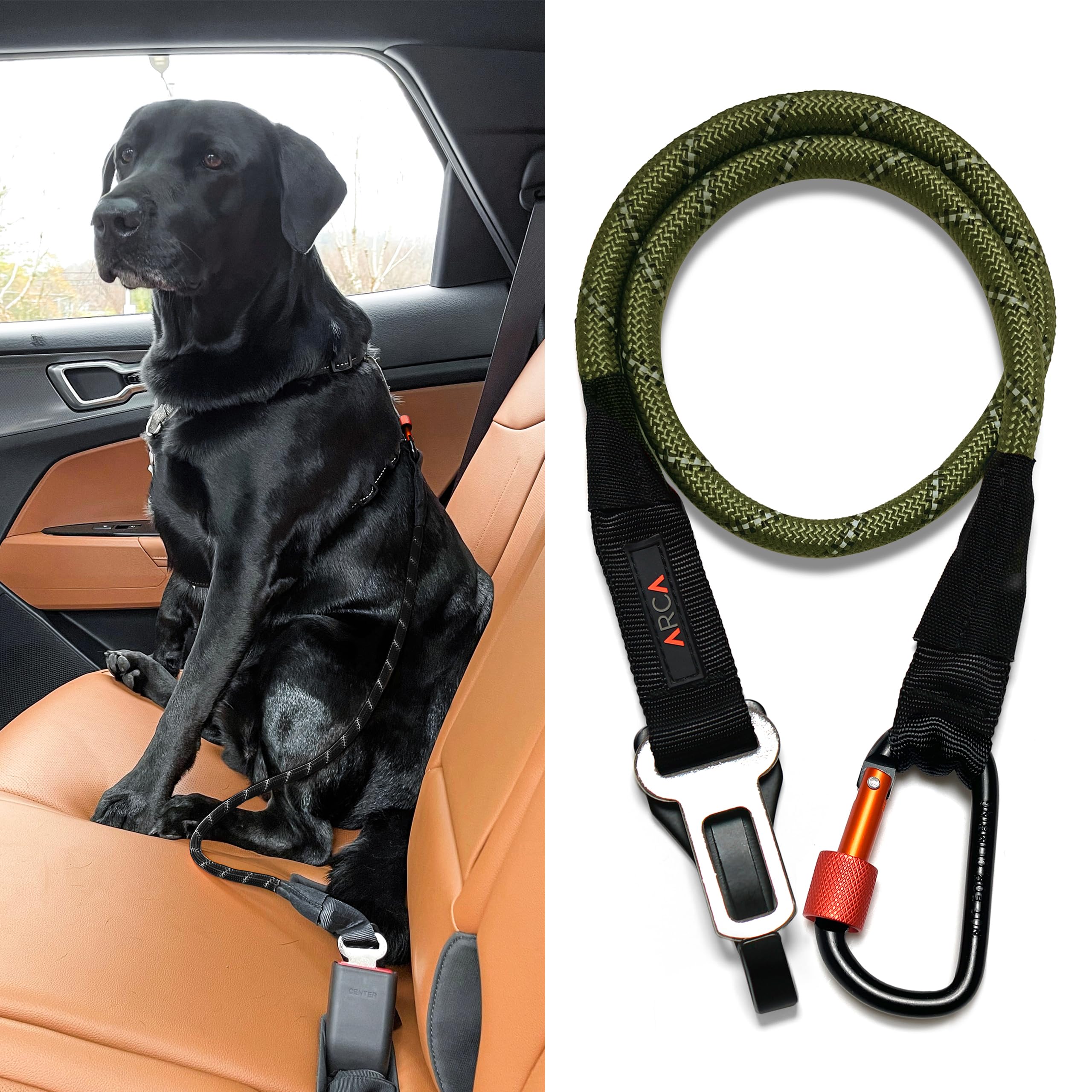 Photo 1 of ARCA PET Dog Seat Belt for Car | Universal Dog Car Seatbelt | Durable Reflective Rope with Clip Hook Latch, Buckle and Carabiner- Safe and Secure Pet Safety Restraint (Army Green)