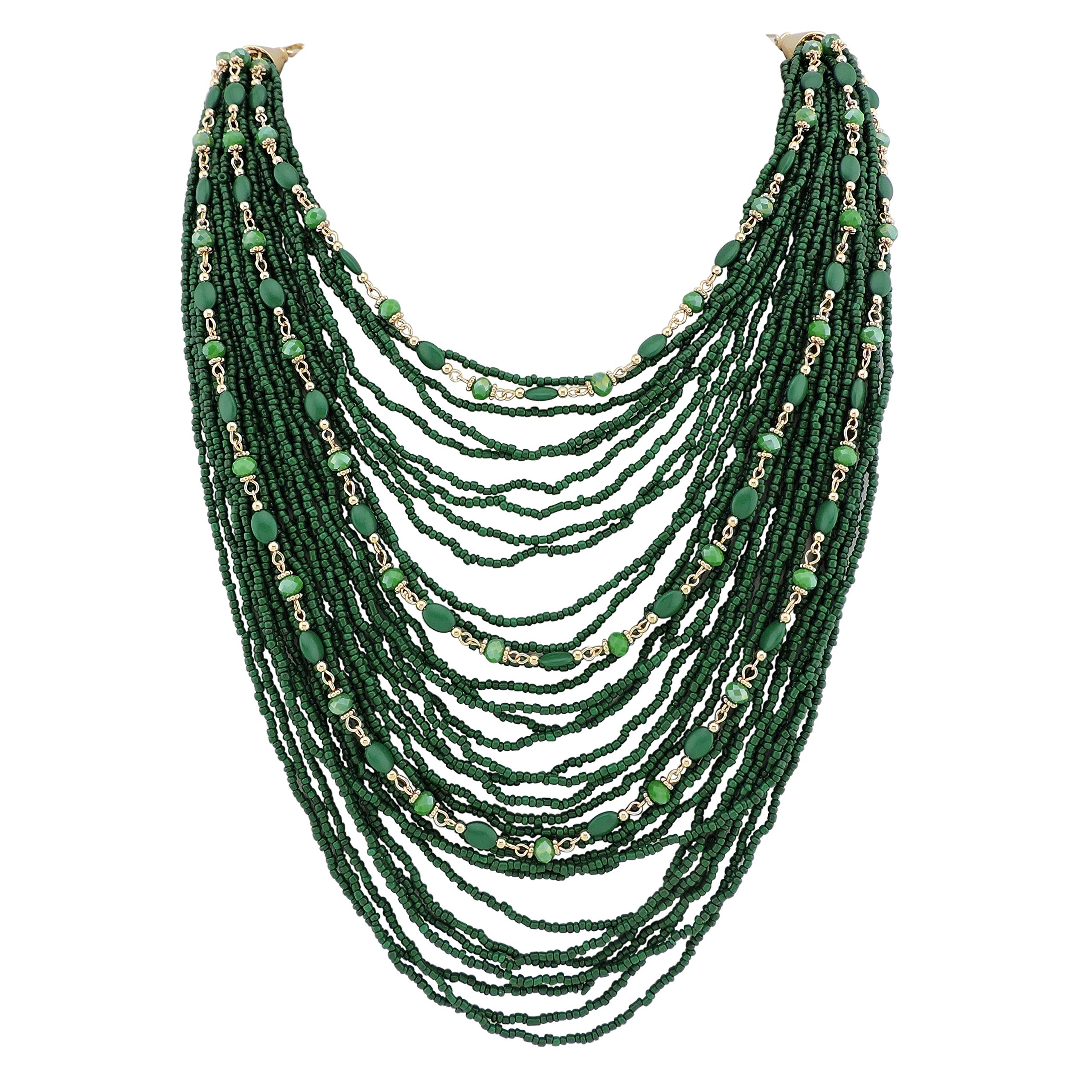 Bocar Multi-layer Long Chain Chunky Bib Seed Beads Statement Necklace (NK-10410-Deep Green)