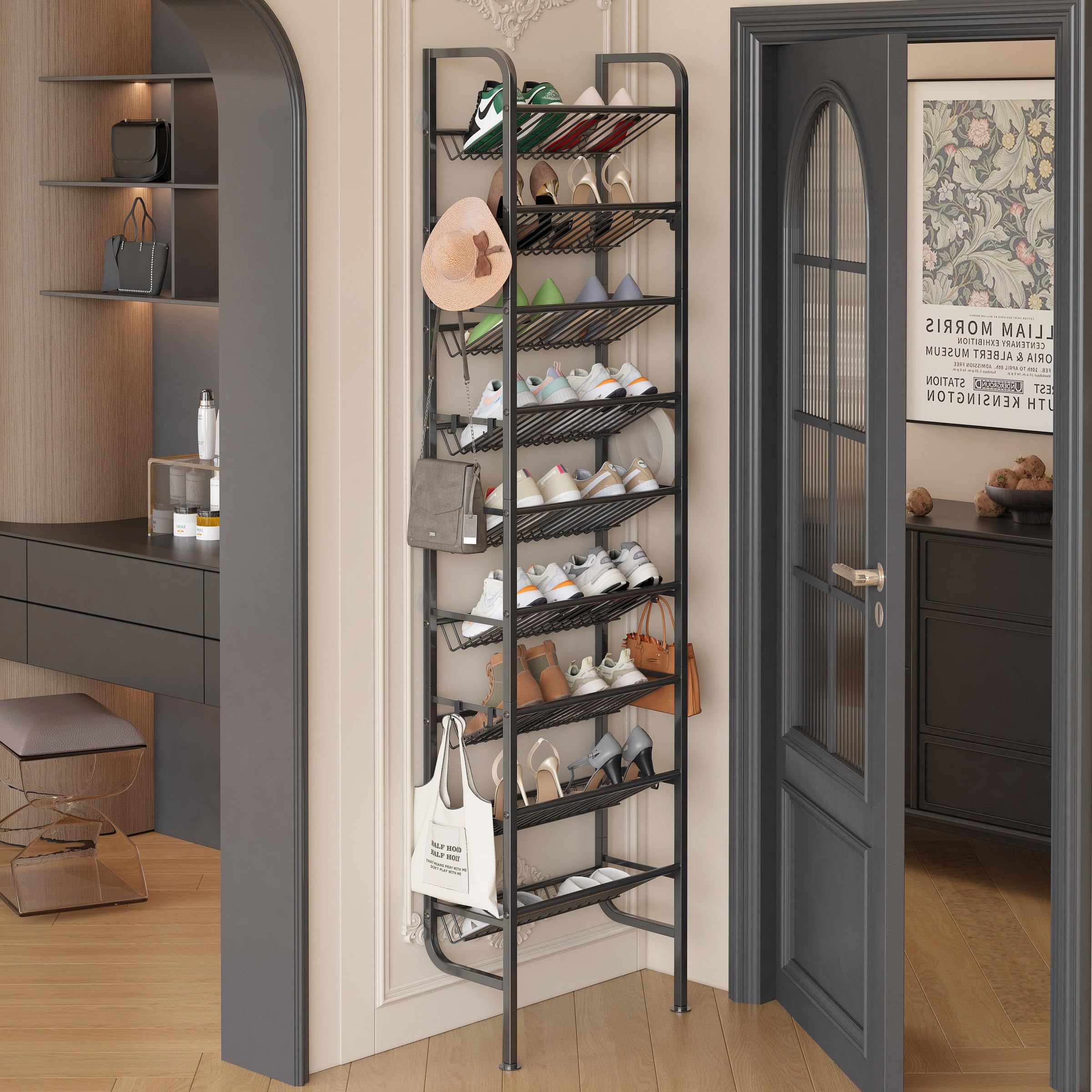 Photo 1 of UMDONX 9 Layer Shoe Rack for 18 Pairs Shoes, Freestanding Shoe Organizer with 12 Hooks & 8 Adhesive Pads, Space-Saving Vertical Storage for Entryway and Walk-in Closet