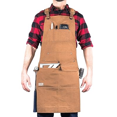 Hudson Durable Goods - Woodworking Edition - Waxed Canvas Apron (Brown) - Padded Straps, Quick Release Buckle, 2x Hammer Loops, Adjustable M to XXL