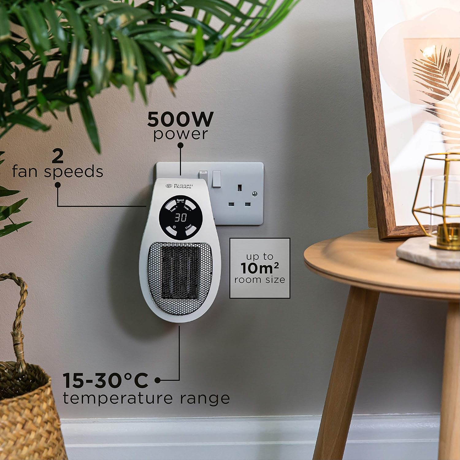 Russell Hobbs RHPH2001 500W Ceramic Plug Heater, Adjustable thermostat, 12 Hour Timer & LED Display, 2 Fan Speeds - Image 3