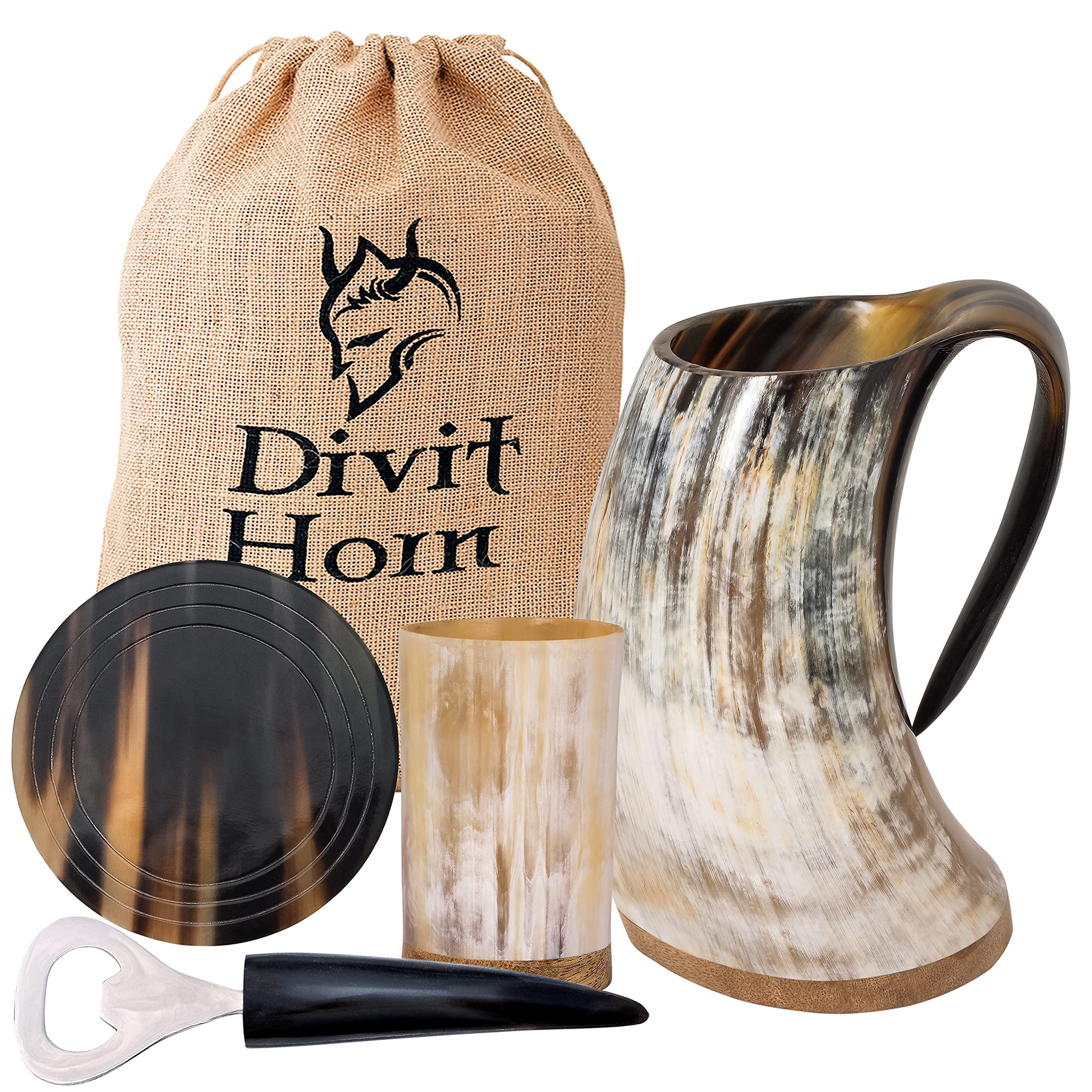 Divit Horn Genuine Viking Drinking Horn Mug, Shot Glass, Bottle Opener & Coaster (4 Pc. Set) | Authentic Beer Horn Tankard | Horn Cup/Stein | Burlap Gift Sack Included(650-700 ml, Natural Mug Set)
