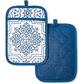 MARTHA STEWART Strie Medallion Pot Holder 2-Pack Set, Heat Resistant, Non-Slip Silicone Grip, Navy Blue, 7"x10"