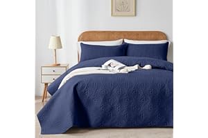 WURUIBO Full/Queen Quilt Set Navy Blue, Microfiber Lightweight Bedspreads, Ultrasonic Embossed Solid Coverlet, Thin Bedding Set for All Season, Soft Breathable Bed Cover(1 Quilt, 2 Pillow Shams)