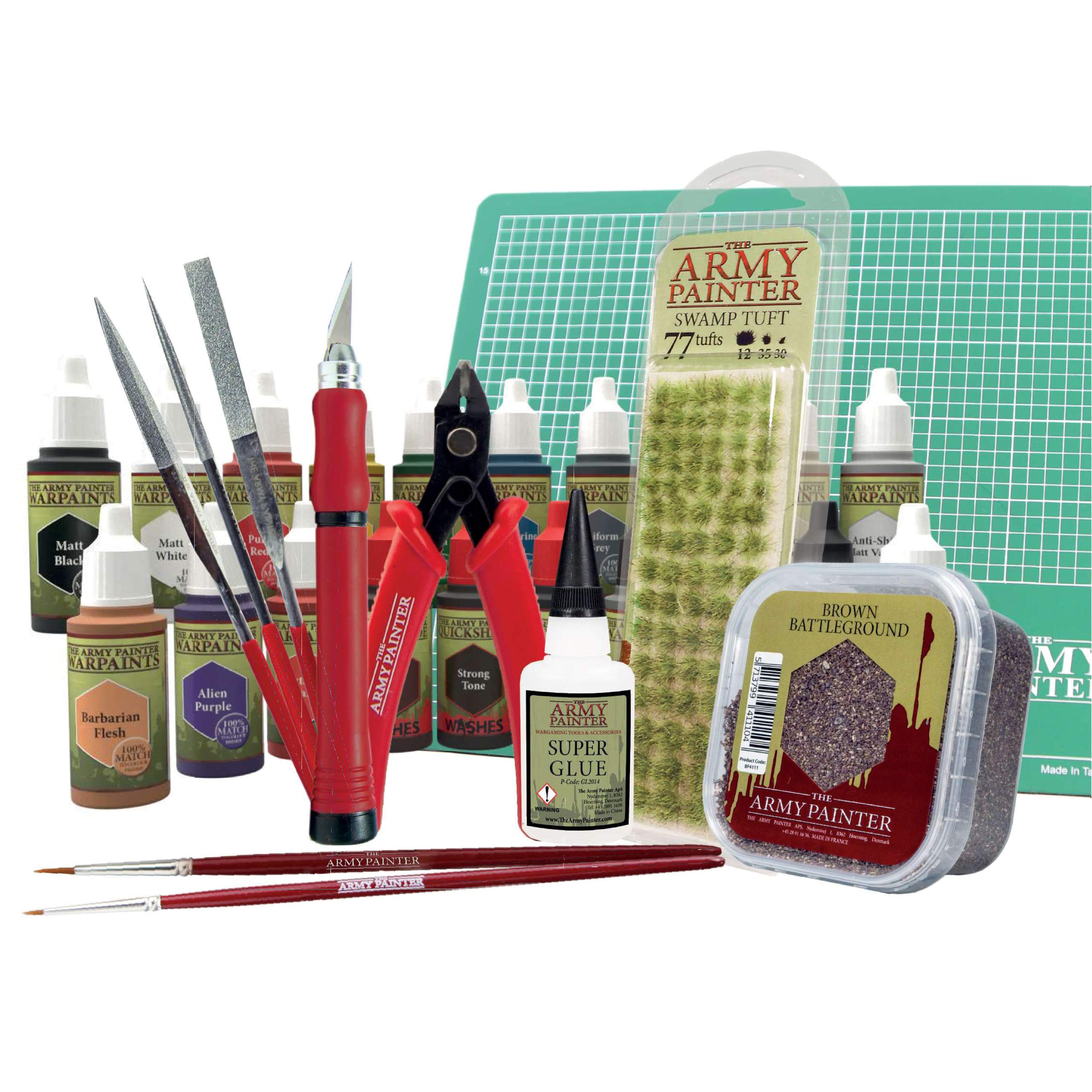 The Army Painter Basic Hobby Collection Kit: 20 Model Paints, 2 Brushes, Model Paint Tools, Basing Material, 18 ml/Bottle, Miniature Painting Kit, Acrylic Paint Set for DND Miniatures