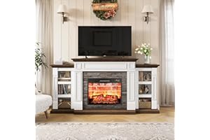 LGHM 72" Electric Fireplace with Mantel, Fireplace TV Stand for TVs Up to 80 Inch, Farmhouse Entertainment Center with Storage, Realistic Stacked Stone Surround with Remote Control for Living Room