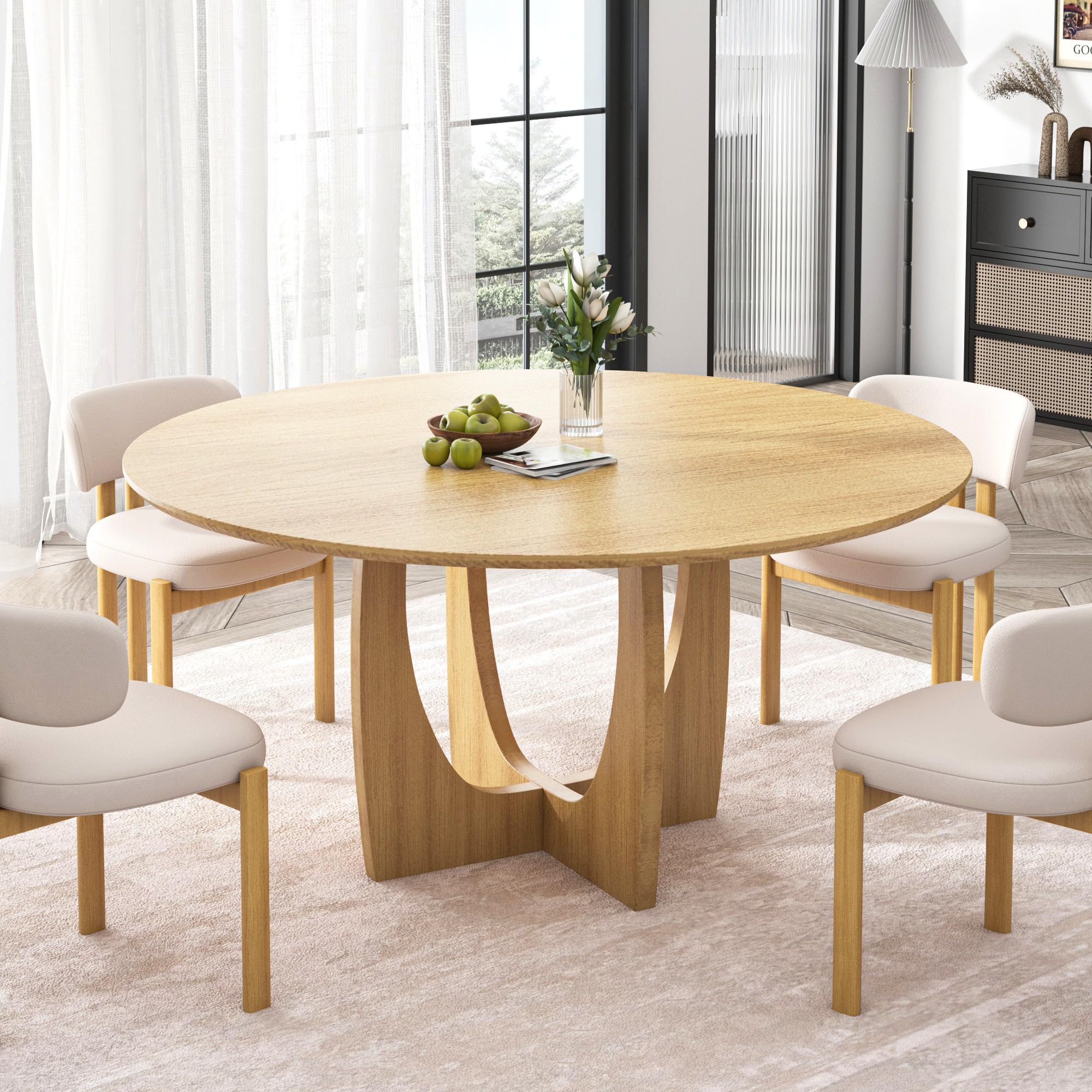 Photo 1 of Casaphoria 42" Round Dining Table, Modern Kitchen Table for 4, Scratch-Resistant Top & Cross Arched Legs, Farmhouse Dinner Table for Living Room, Kitchen, Bar, Easy Assembly, Oak