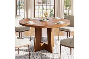 47in Round Dining Table for 4-6 People, Circle Kitchen Table with Sturdy Pedestal Base, Farmhouse Dinner Table Dining Room Ta