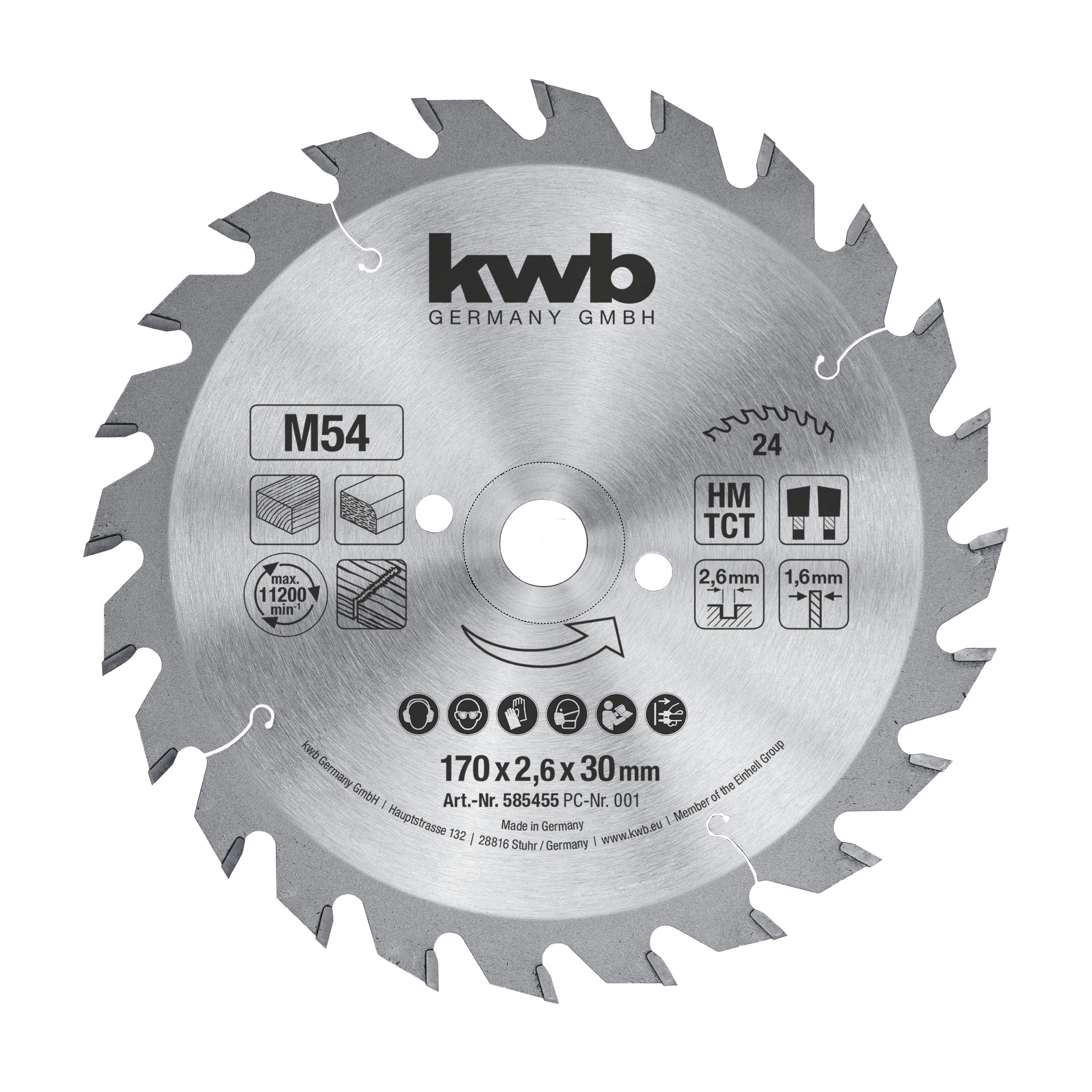 kwb 585455 Professional chipboard Circular saw leaf, wood / hardwood saw blade, 170x30 / 16 mm, clean cuts, middle number, 24 teeth Z-24, Made in Germany