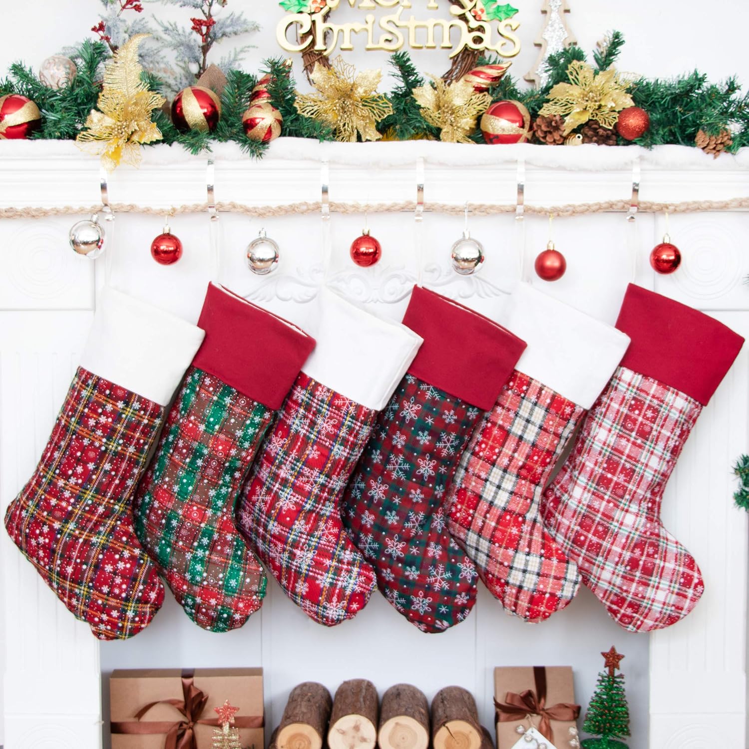 Stockings & Holders - LUBOT 6 Pack Christmas Stocking(20inch) Plaid Snowflake Canvas Fireplace Hanging Xmas Stockings for Family Decorations Holiday Party Decor