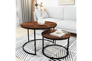 HOMERECOMMEND Round Coffee Table Set of 2 Modern Nesting Side End Table for Living Room,Round Wooden Coffee Table with Solid Powder-Coated Metal Frame, Rustic Brown/Black