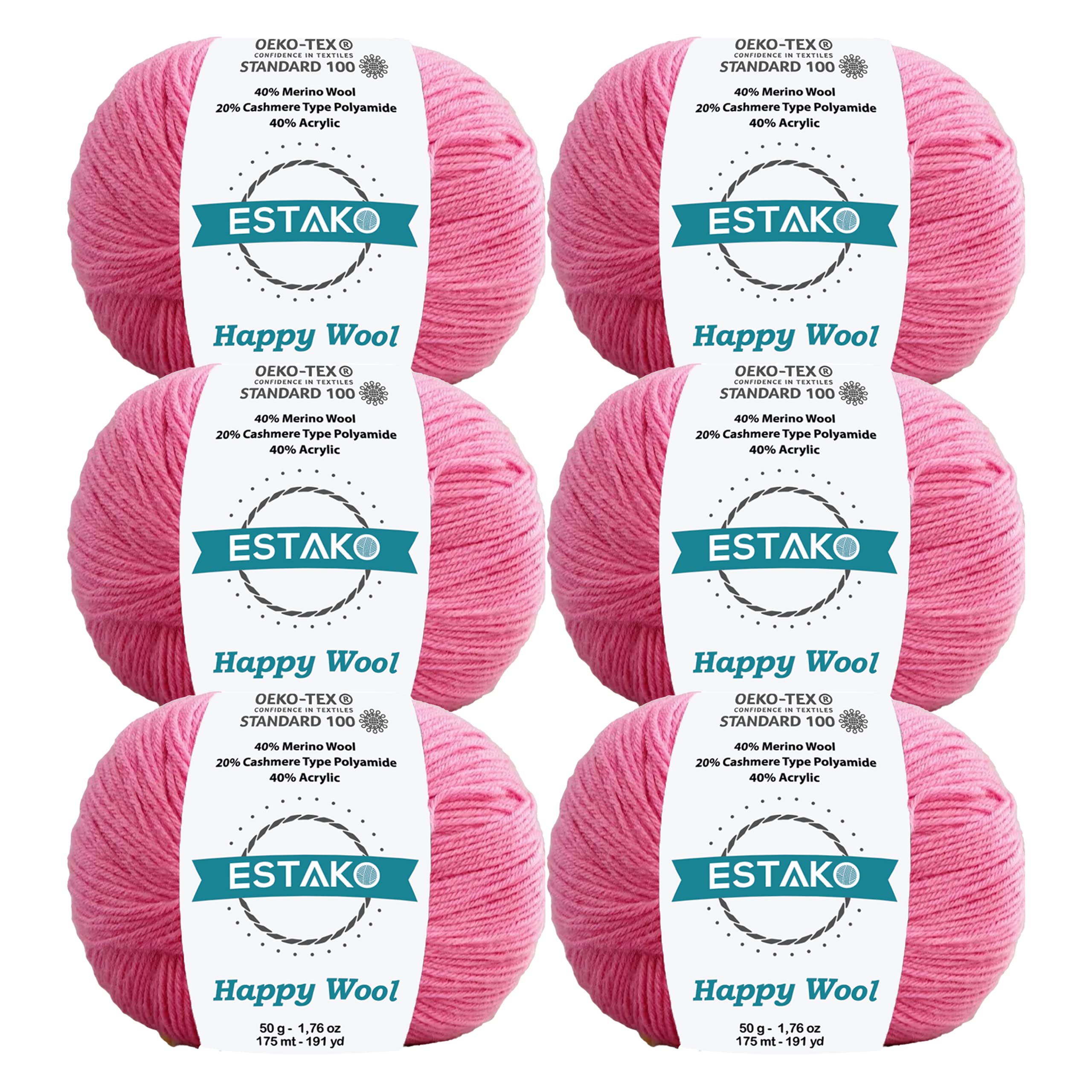 Photo 1 of Estako Happy Wool (6 Skeins Pack) 40% Merino Wool 20% Cashmere Type Polyamide 40% Acyrlic Fingering Weight Soft Knitting and Crochet Yarn (6 x 1.76 oz) (6 x 191 yds) (8031 - Rose Pink)