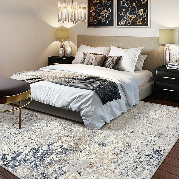 AREA RUG LIVING ROOM RUGS – 9X12 ABSTRACT LARGE SOFT INDOOR WASHABLE RUG NEUTRAL MODERN LOW PILE CARPET FOR BEDROOM DINING ROOM FARMHOUSE HOME OFFICE – BEIGE BLUE