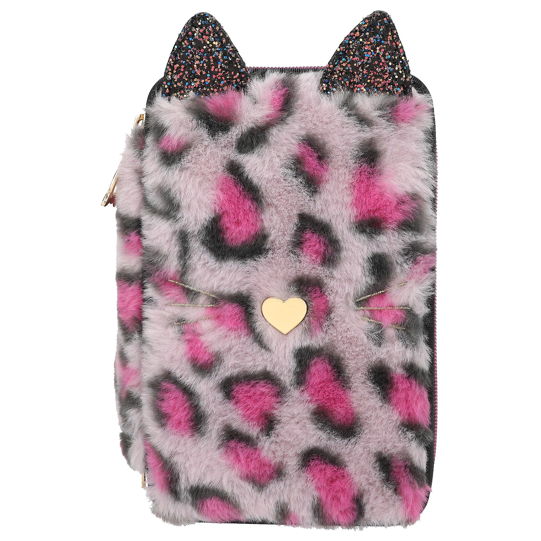 Depesche 13020 TOPModel Rebel Kitty - Filled 3-Compartment Pencil case with Leo Fur in Purple and Black and cat Ears, Pencil case with Crayons, Ruler, Scissors and Much More.