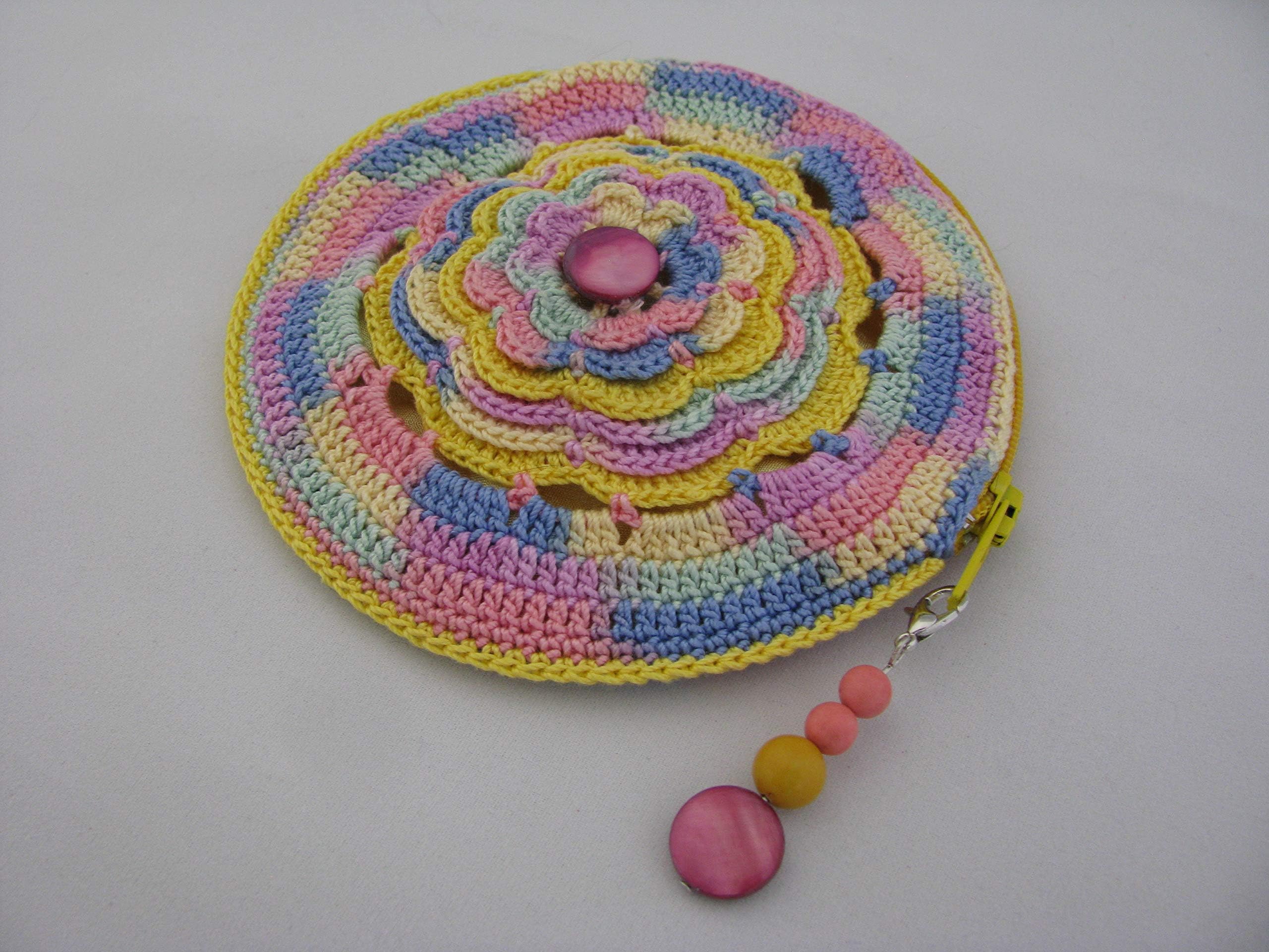 Round Crochet Coin Pouch in Multicolor Rosary Pouch wallet Small Crochet Pouch fully lined
