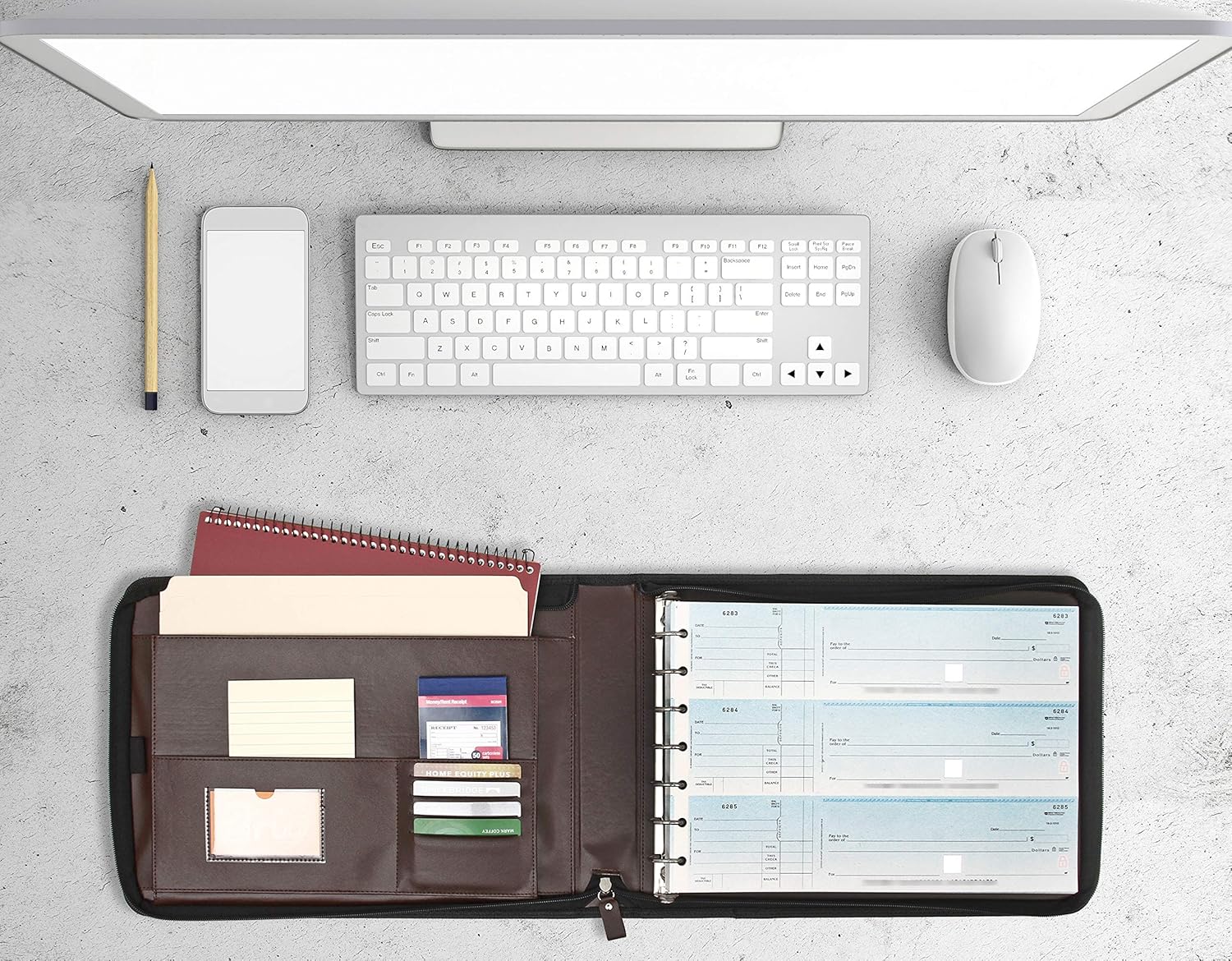 2Fold Zippered Business Check Binder 7 Ring for 3-Up Business Size Checks with Extra Business Card Case - PU Leather Deluxe 7 Ring Checkbook Binder Portfolio with 600 Check Capacity and Storage : Office Products