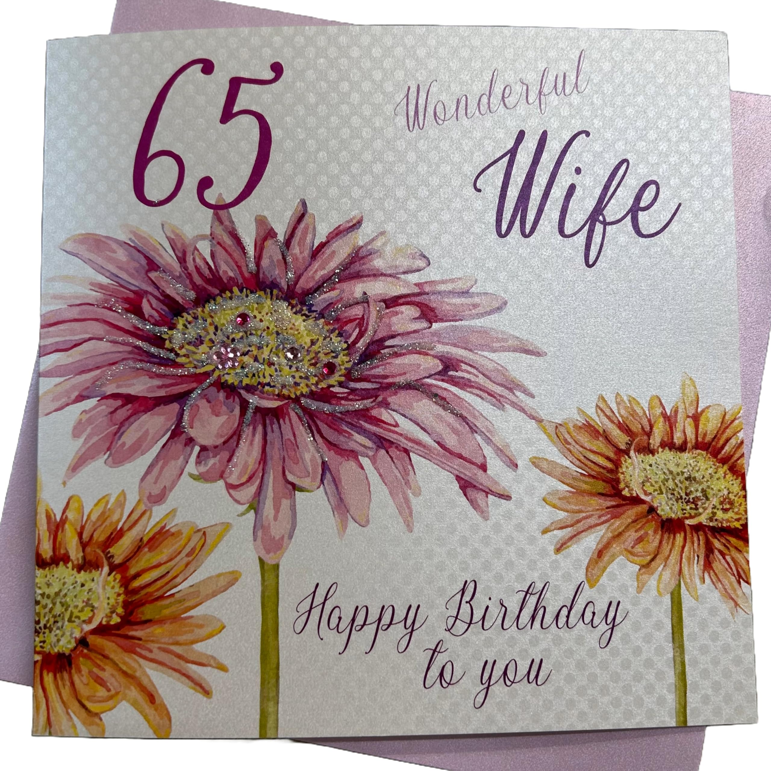white cotton cards Flowers, Wonderful Wife 65 Happy Handmade 65th Birthday Card, White, wb103-65